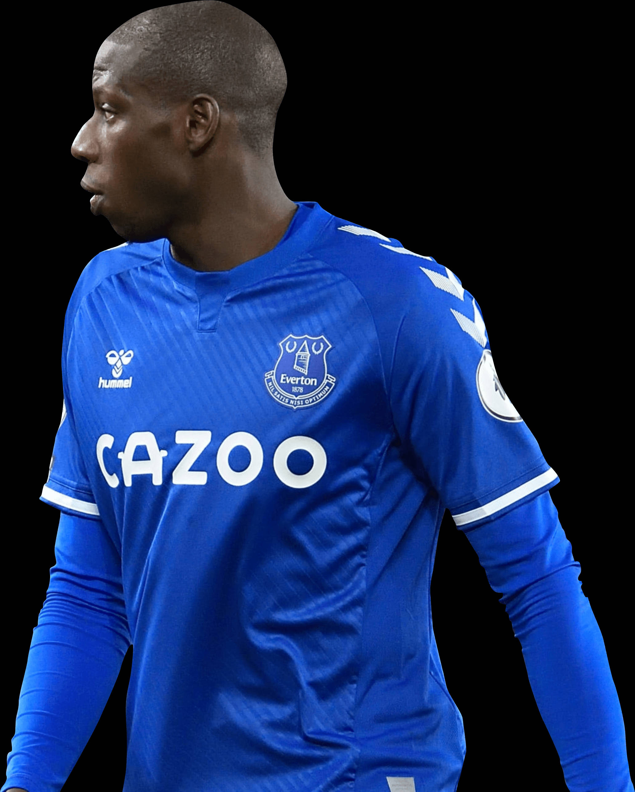 Football Players 桌布 壁紙 — 一位專注的足球員身穿皇家藍色艾佛頓球衣，印有Cazoo贊助，站在純黑背景前。