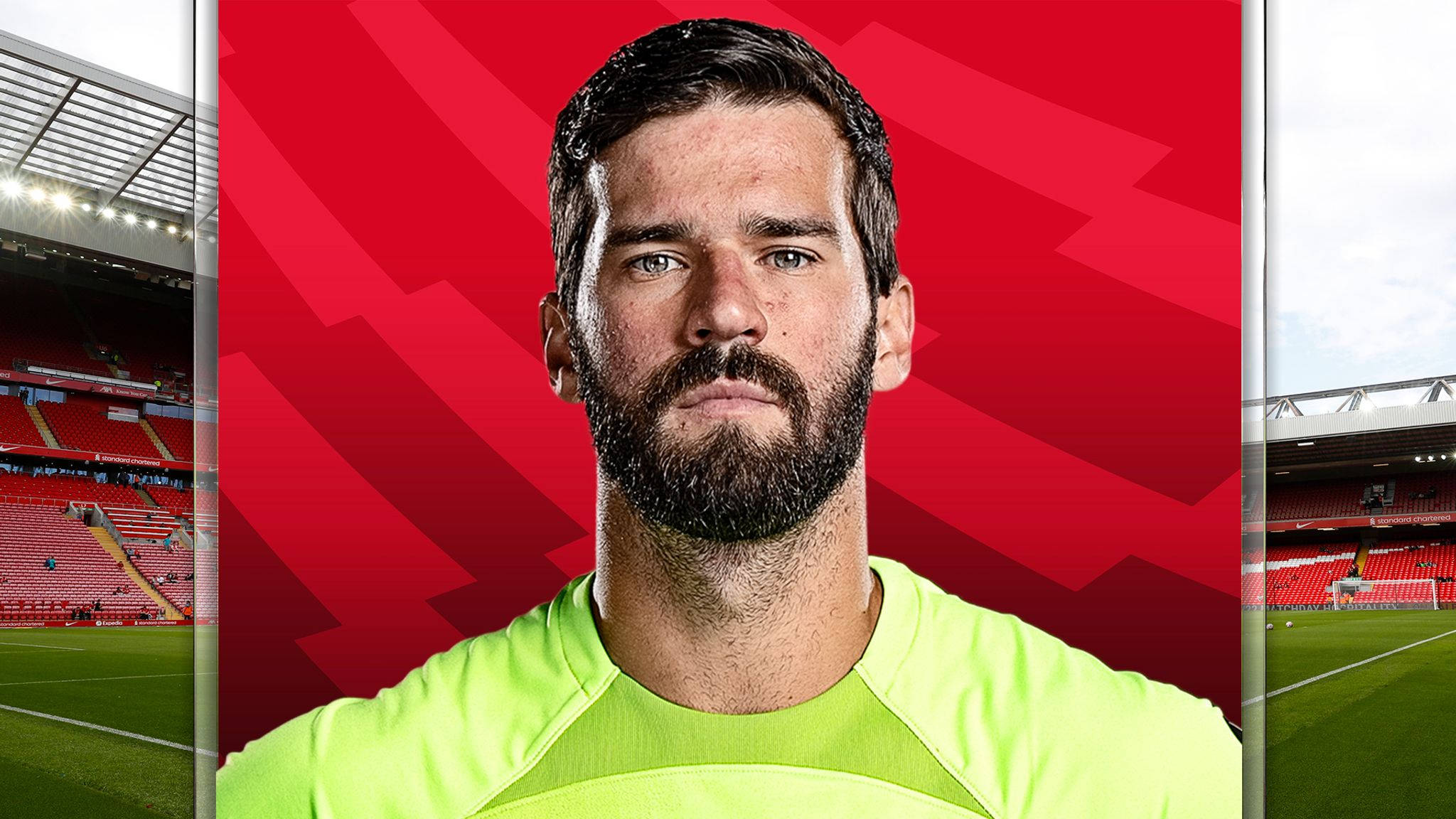 Alisson Becker 桌布 壁紙 — 一位專注的足球守門員身穿亮眼的螢光綠色球衣，站在大膽的紅色幾何背景前，兩側有球場景觀。