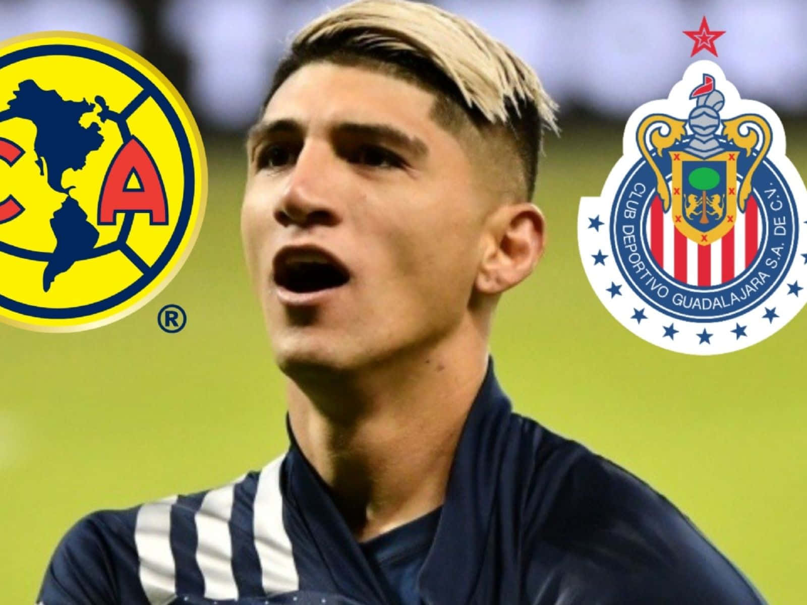 Club America Soccer 桌布 壁紙 — 一位專注的足球運動員穿著條紋球衣，頭部兩側疊加了兩個球隊標誌。
