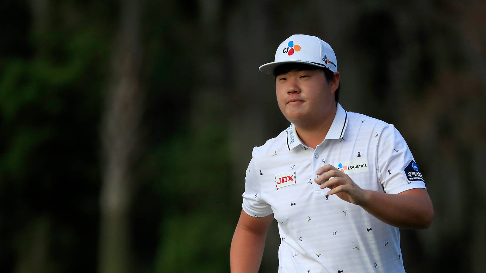 運動 桌布 壁紙 — 一位專注的高爾夫球手，戴著白色帽子，穿著圖案 Polo 衫，站在翠綠的球場上，背景有柔和的樹木。