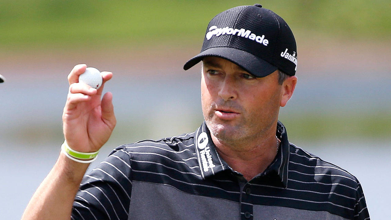 Ryan Palmer 桌布 壁紙 — 一位專注的高爾夫球手，戴著黑色帽子，穿著條紋襯衫，在陽光明媚的球場上手持白色高爾夫球，姿勢優雅。