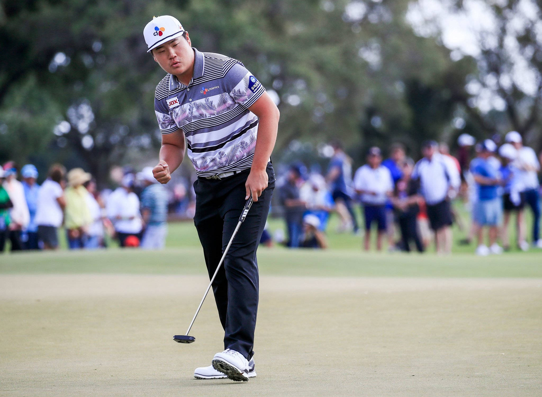 運動 桌布 壁紙 — 一位專注的高爾夫球手身穿條紋襯衫和白色帽子，在陽光照耀的果嶺上慶祝推桿入洞，背景有觀眾。