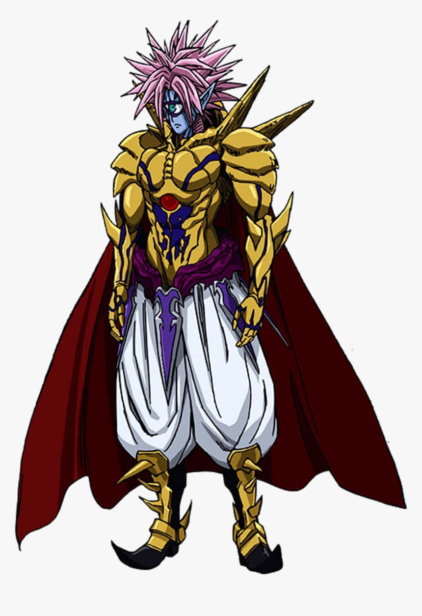Lord Boros 桌布 壁紙 — 一位尖刺粉紅色頭髮的動漫戰士，身穿金色盔甲和紅色披風，自信地站在純色背景前。