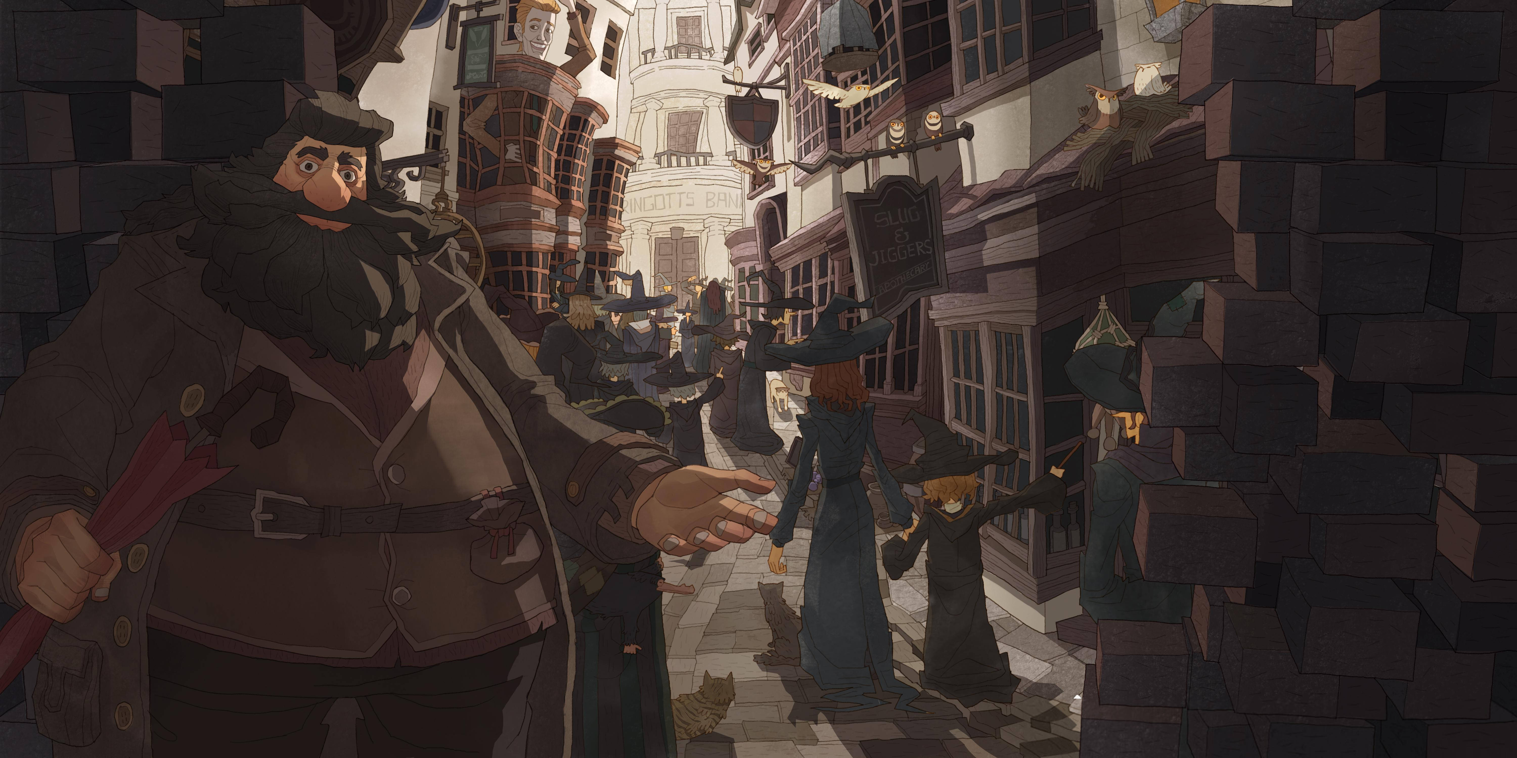 rubeus hagrid 桌布 壁紙 — 一位巫師和他的孩子走在一條狹窄的鵝卵石街道上，兩旁是魔法商店和漂浮的招牌，位於一個奇幻的小鎮。
