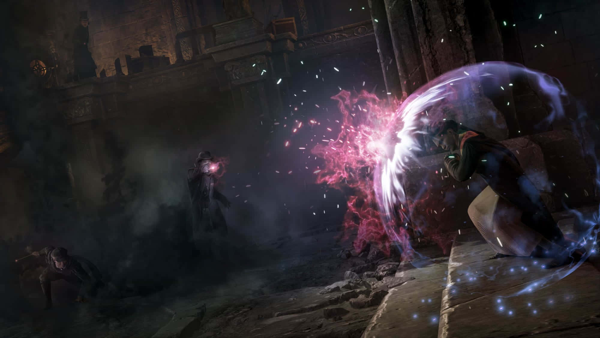 The Battle Of Hogwarts 桌布 壁紙 — 一位巫師在黑暗的石頭廢墟中釋放出發光的粉紅色和紫色魔法爆炸，敵人驚慌逃竄。