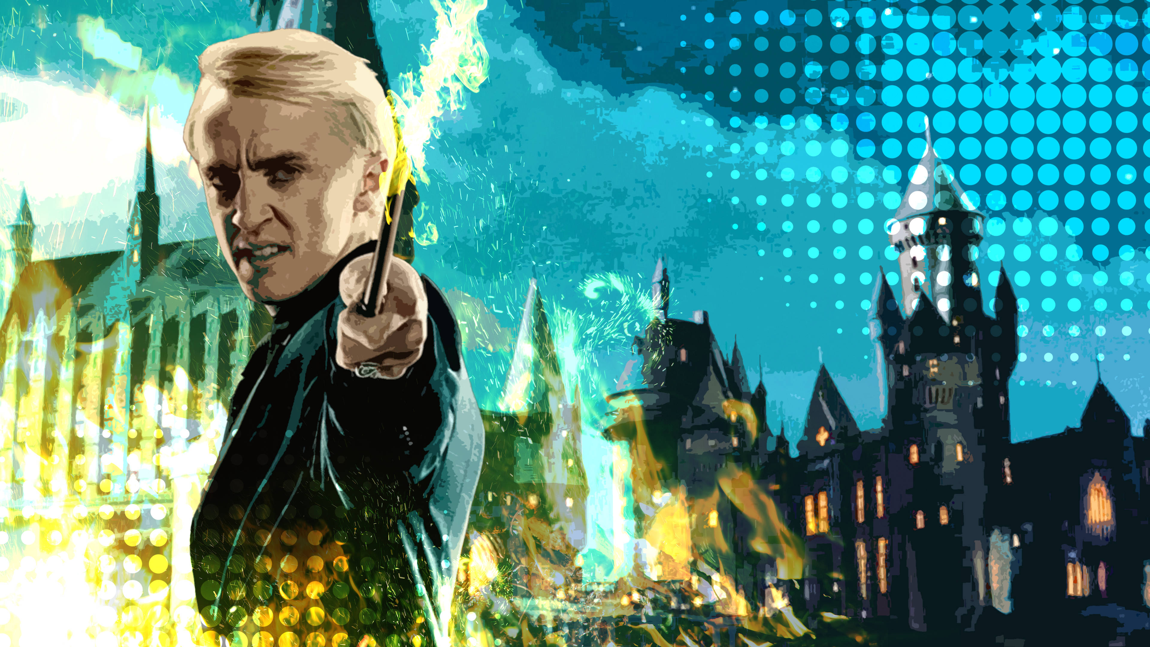 Hogwarts Aesthetic 桌布 壁紙 — 一位巫師用魔杖指向前方，魔法火焰在風格化的城堡前爆發，背景是充滿活力的藍天。