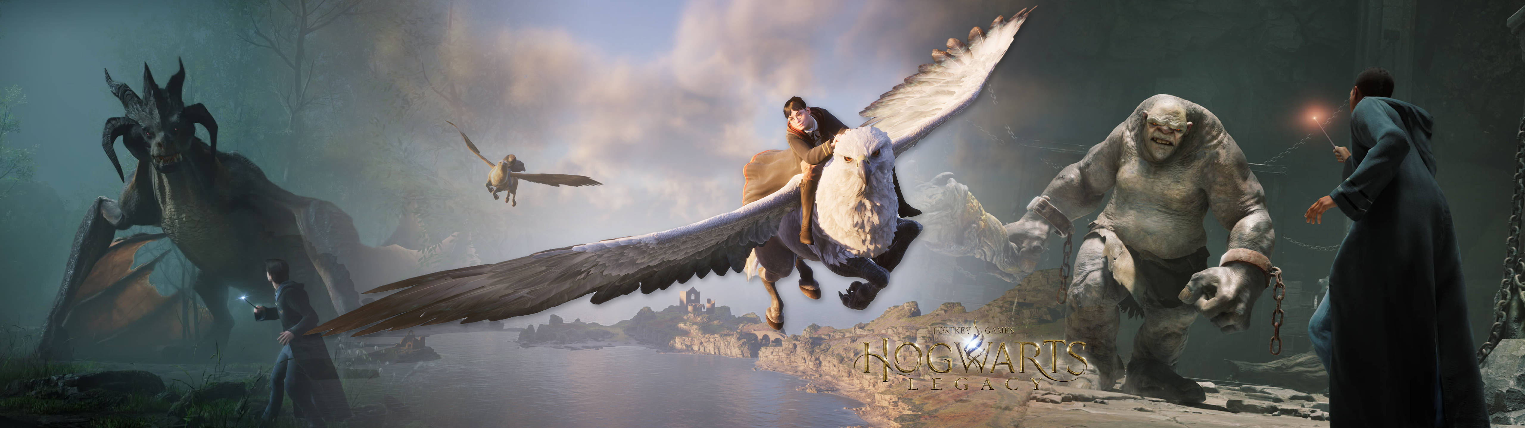 5120x1440 gaming 桌布 壁紙 — 一位巫師騎著一隻巨大的貓頭鷹飛過霧氣瀰漫的湖泊，神話生物和一隻巨大的巨魔潛伏在黑暗的魔法森林中。