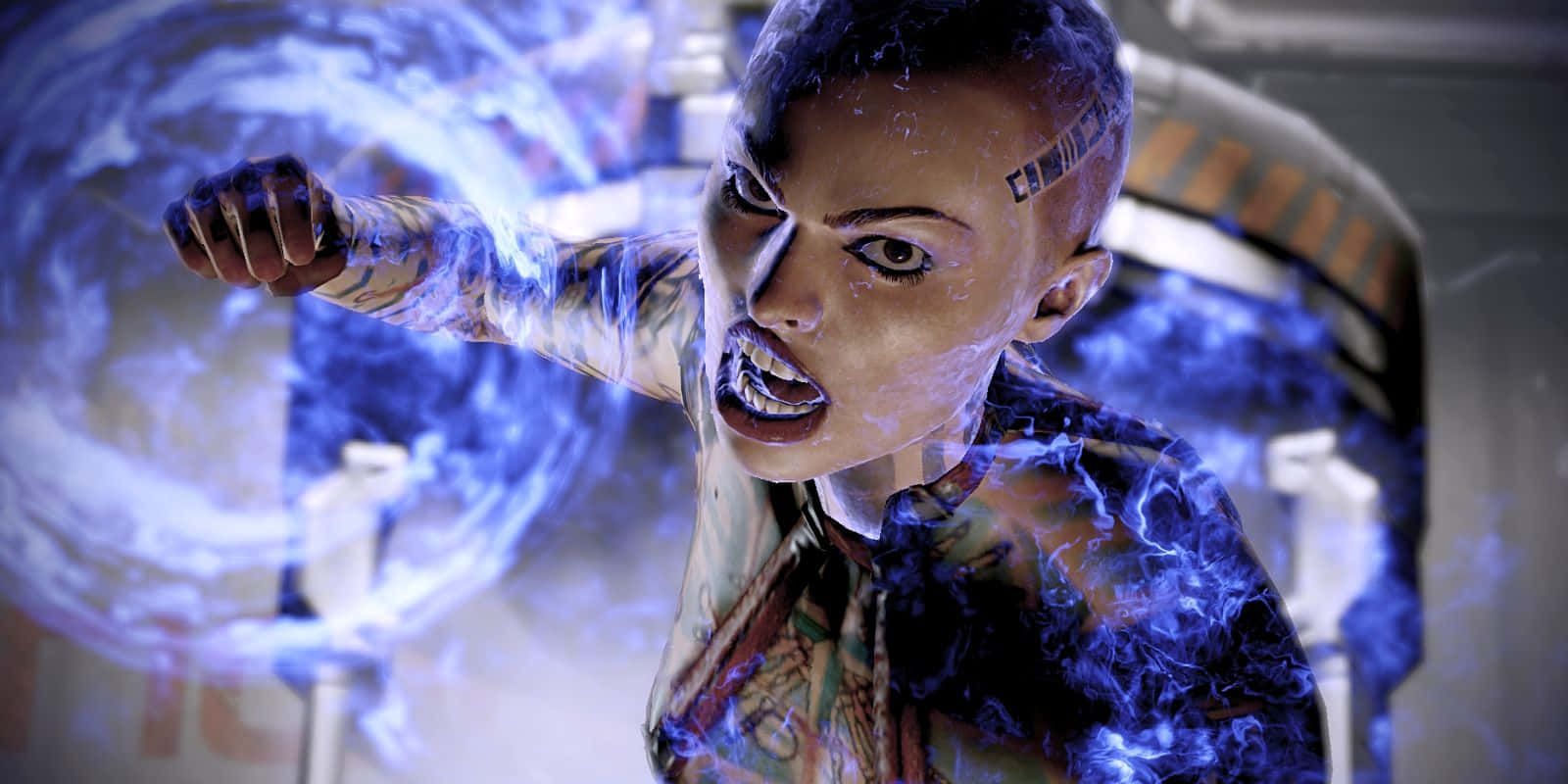 Mass Effect Jack 桌布 壁紙 — 一位帶有刺青的兇猛賽博龐克女性，正在高科技實驗室中引導發光的藍色能量。
