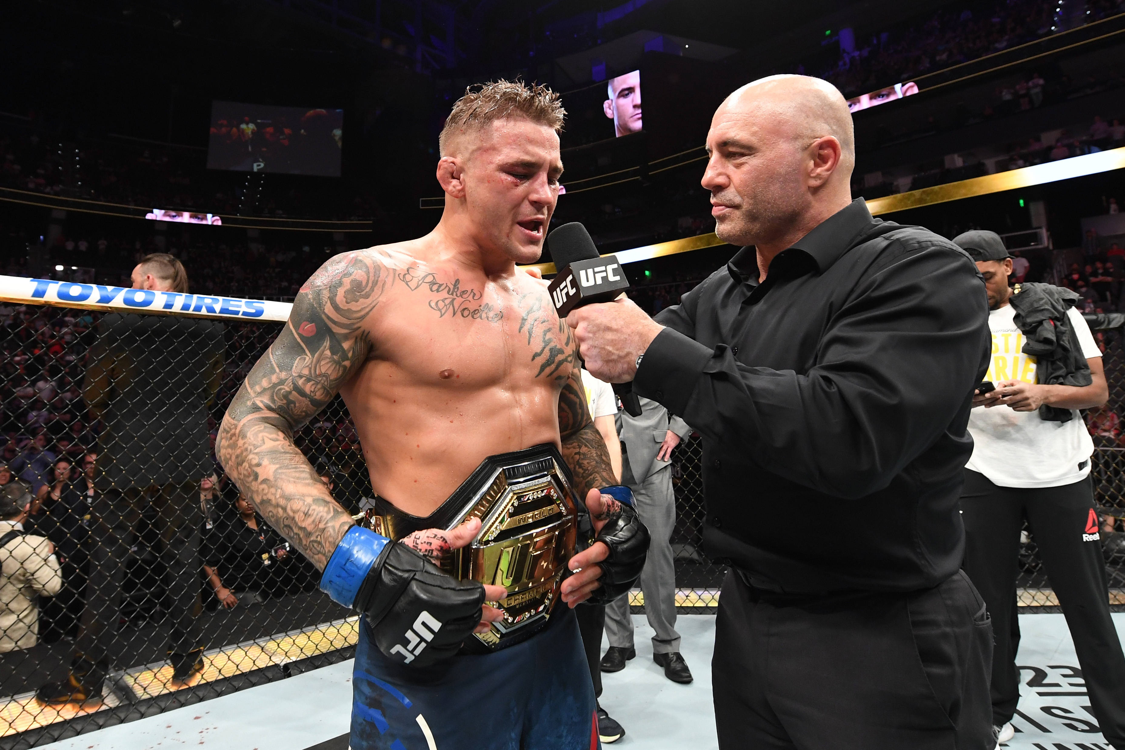 UFC 桌布 壁紙 — 一位帶有刺青的勝利UFC拳手在明亮的場館燈光下，於八角籠中接受訪問時手持冠軍腰帶。