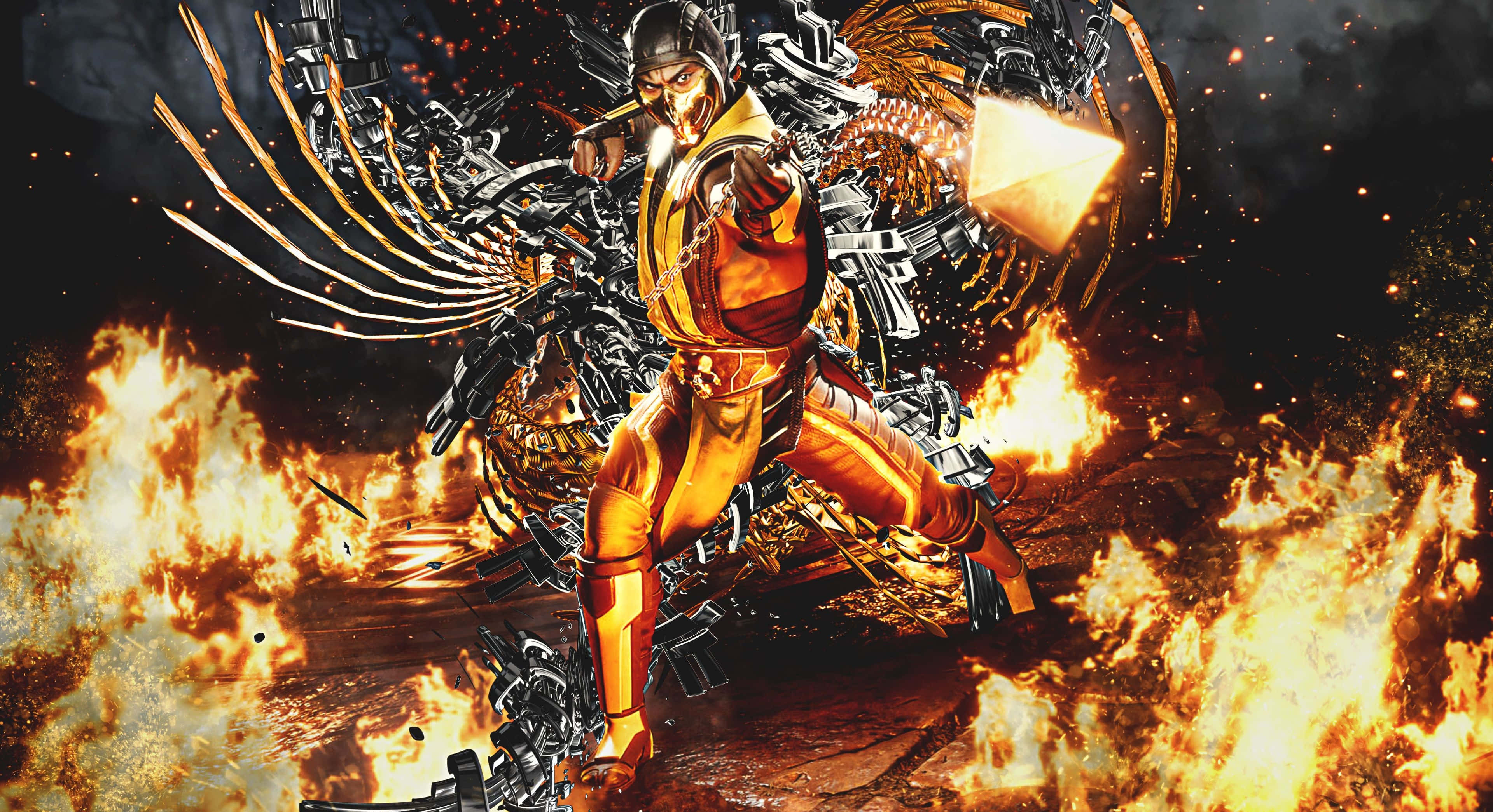 Mortal Kombat Fatality 桌布 壁紙 — 一位帶有機械翅膀和鎖鏈的火焰武術家，在爆炸性的火焰和黑煙中動態攻擊。