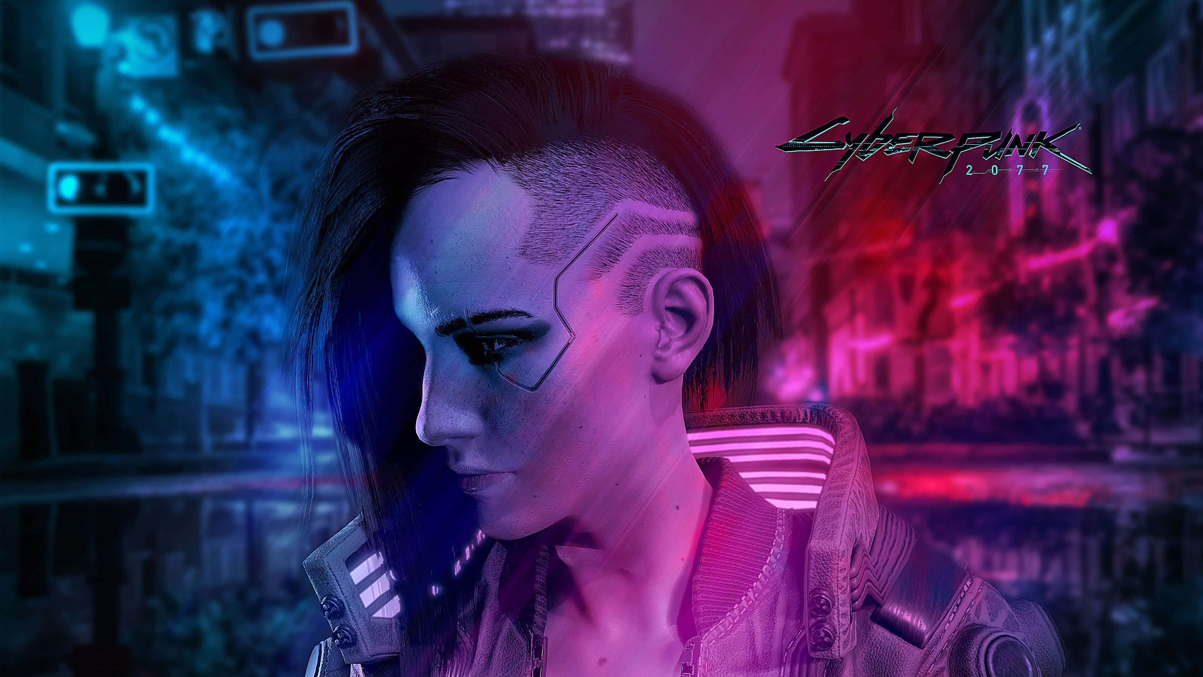 Cyberpunk 2077 Characters 桌布 壁紙 — 一位帶有機械面部植入物的賽博龐克女性，在霓虹燈閃爍、雨水浸濕的城市景觀中向下凝視。