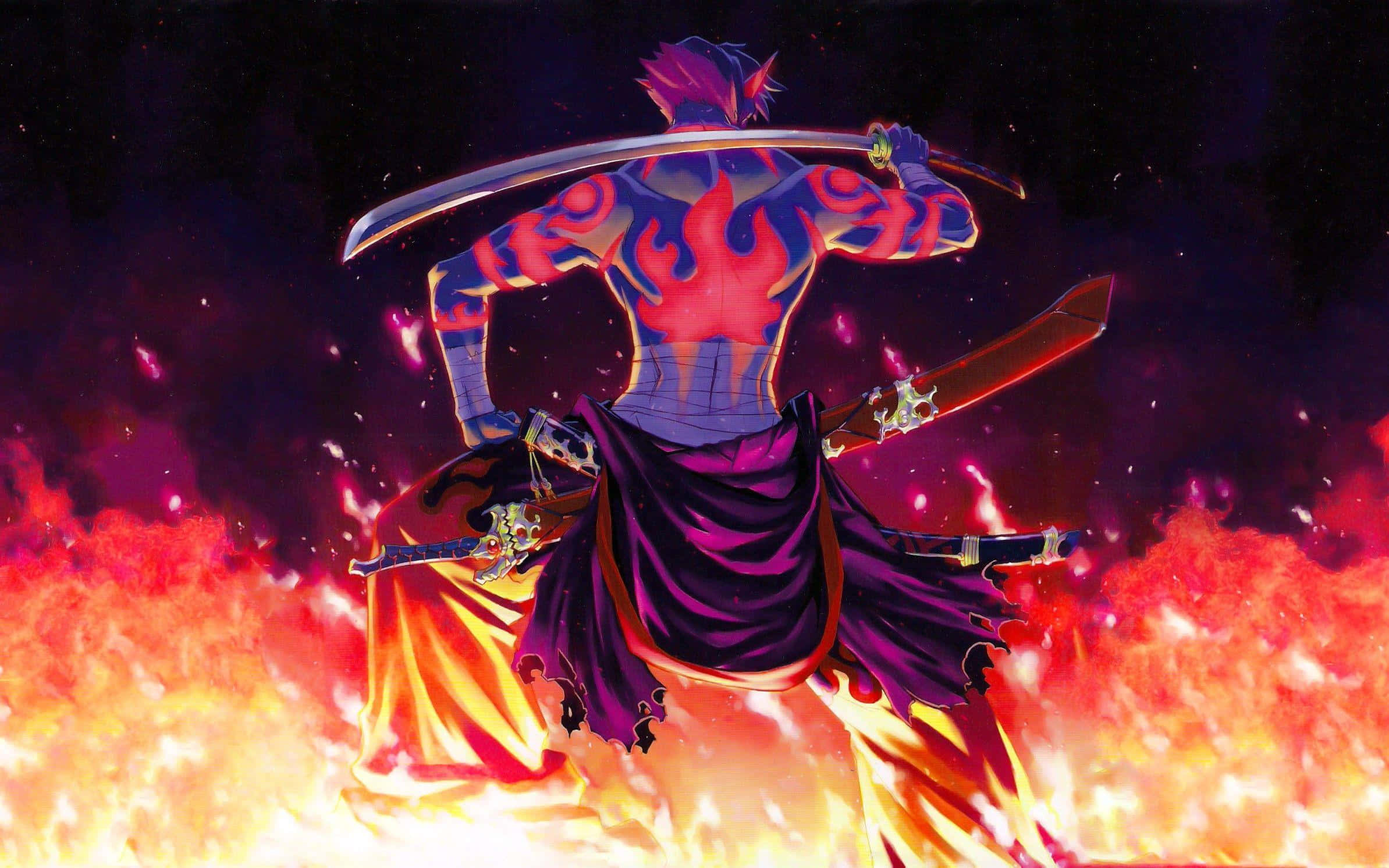Gurren Lagann Kamina 桌布 壁紙 — 一位帶有火焰紋身的火熱動漫戰士，在黑暗星空下燃燒的地獄中揮舞著劍。