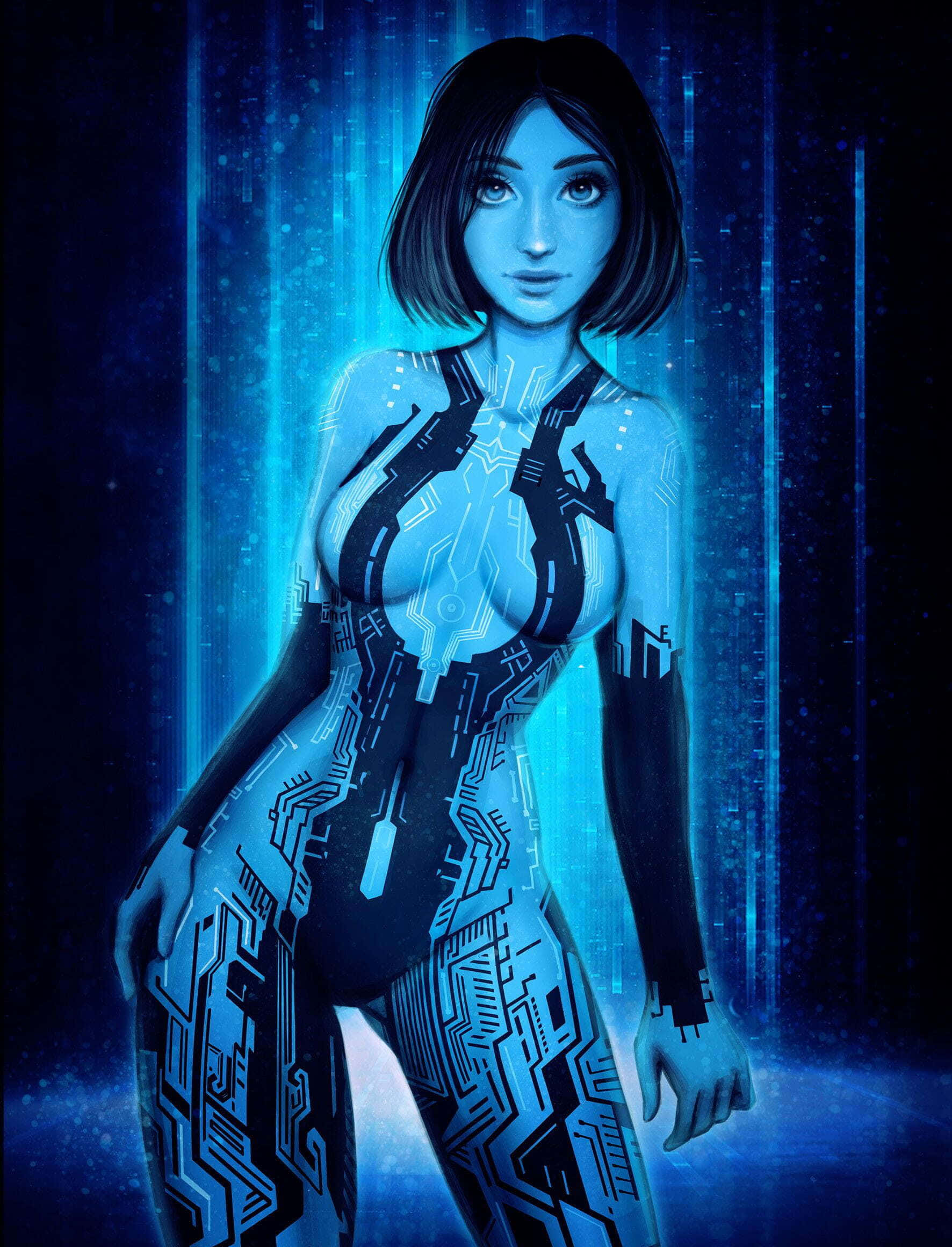 Halo Cortana 桌布 壁紙 — 一位帶有發光藍色電路的賽博格女性站在數位數據流背景前。