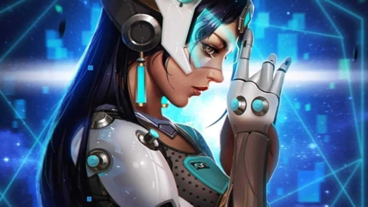 Overwatch Symmetra 桌布 壁紙 — 一位帶有發光藍色點綴和未來主義盔甲的機械人女性，在數位藍色網格背景前沉思地凝視。