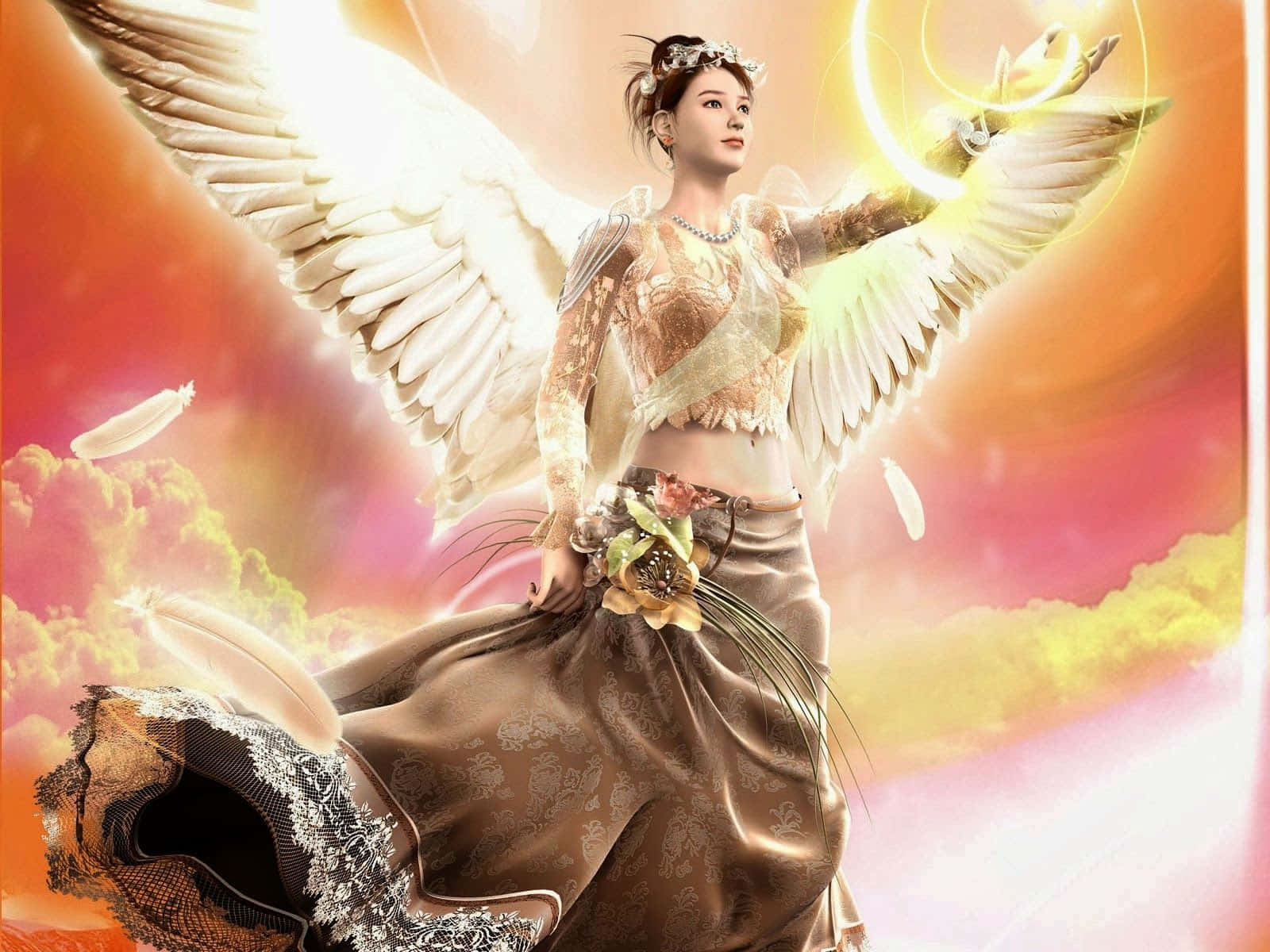 Beautiful Angel 桌布 壁紙 — 一位帶有白色翅膀和金色光環的耀眼天使般女性，站在旋轉的雲層和漂浮的羽毛中，背景是火紅的日落天空。
