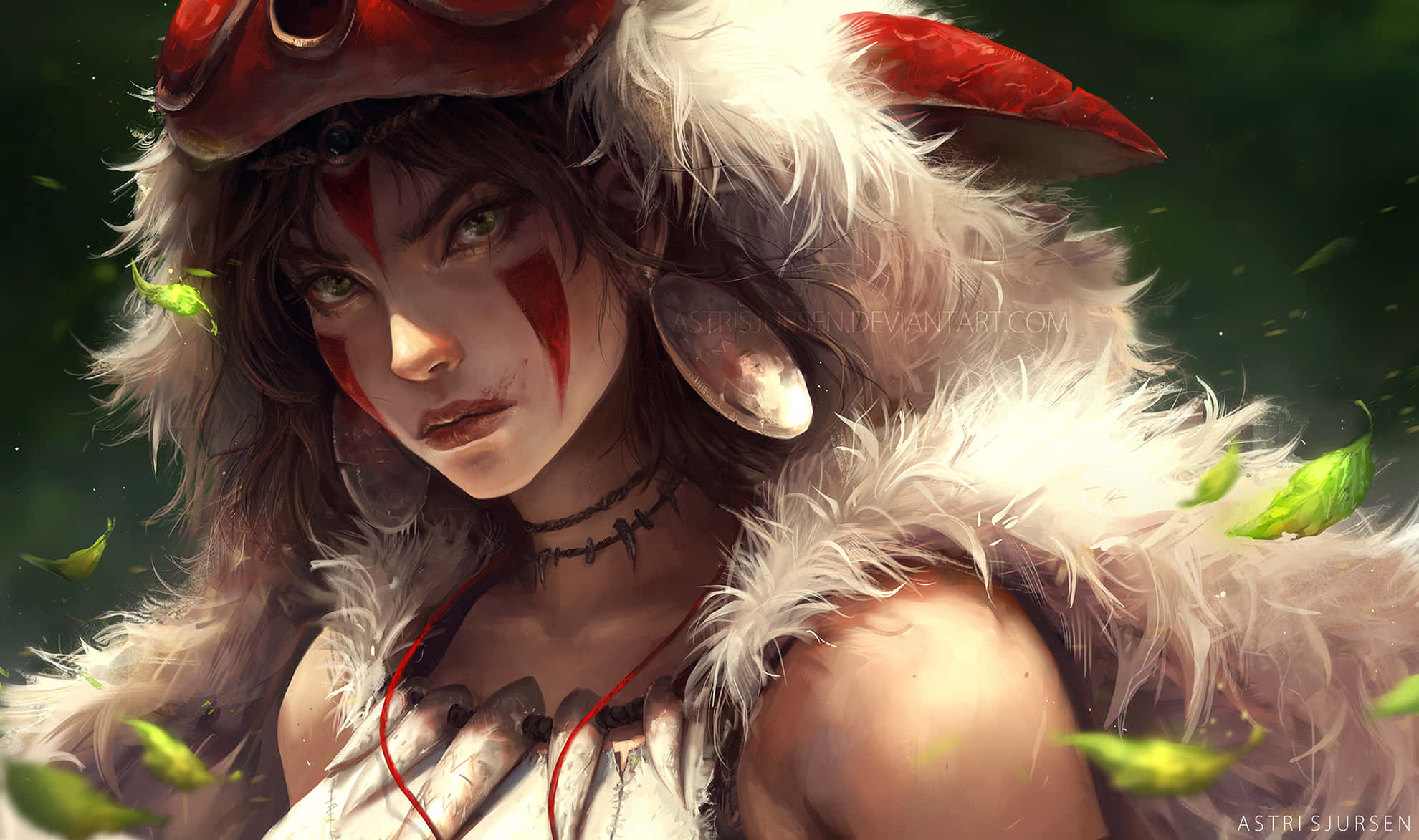 魔法公主 桌布 壁紙 — 一位帶有紅色標記和羽毛盔甲的兇猛女戰士，在森林中落葉旋轉時，凝視著四周。