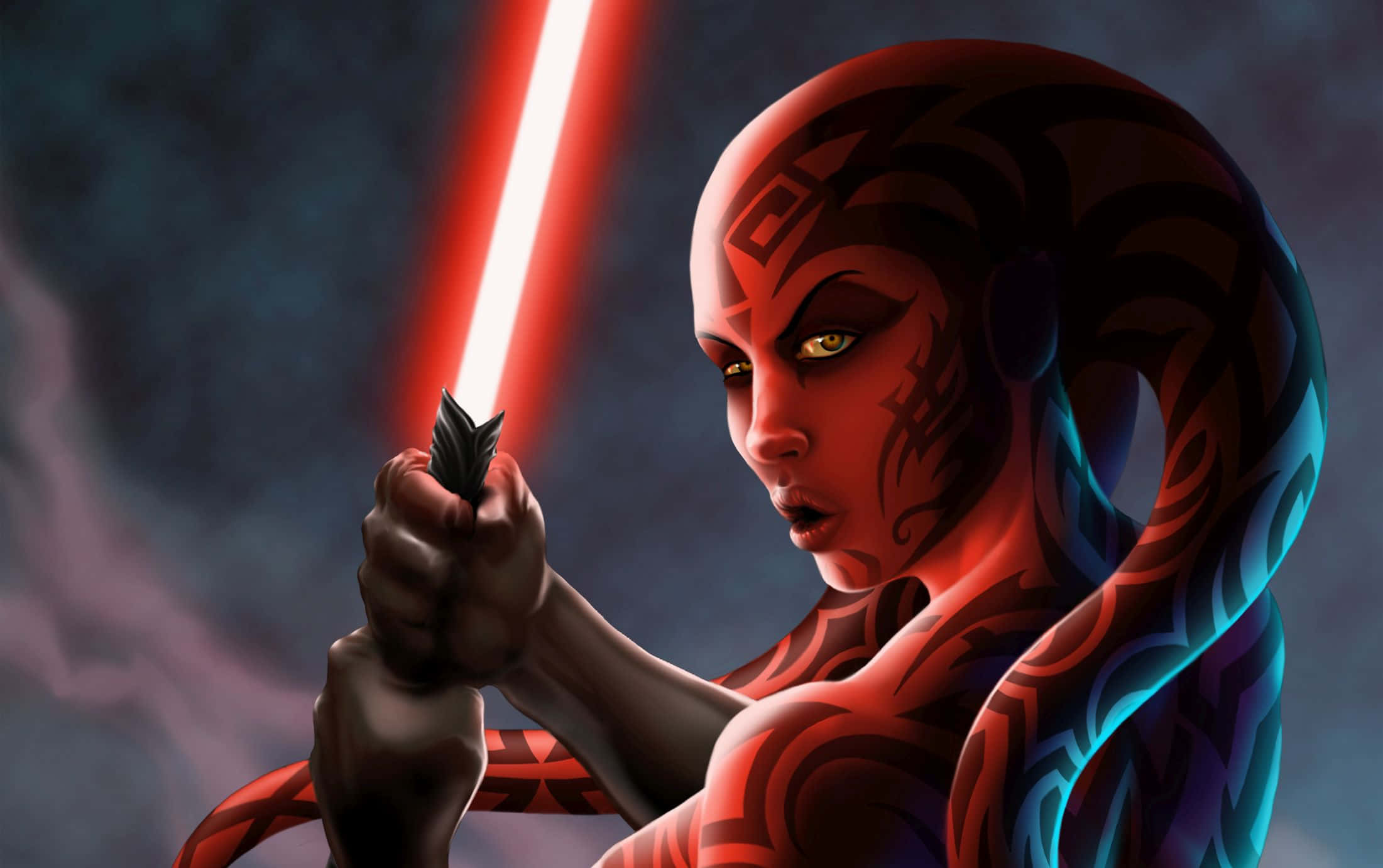 Twi'lek 桌布 壁紙 — 一位帶有紅色紋身的兇猛女性西斯戰士，在煙霧瀰漫的黑暗背景下揮舞著發光的紅色光劍。