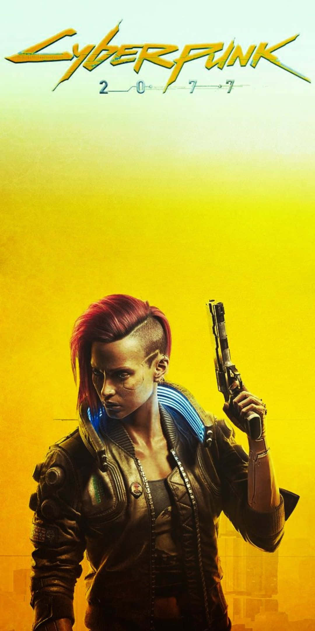 Pixel 3 Cyberpunk 2077 桌布 壁紙 — 一位帶有紅色莫霍克髮型和發光義體的賽博龐克女性，在朦朧的黃色天空下握著一把手槍。
