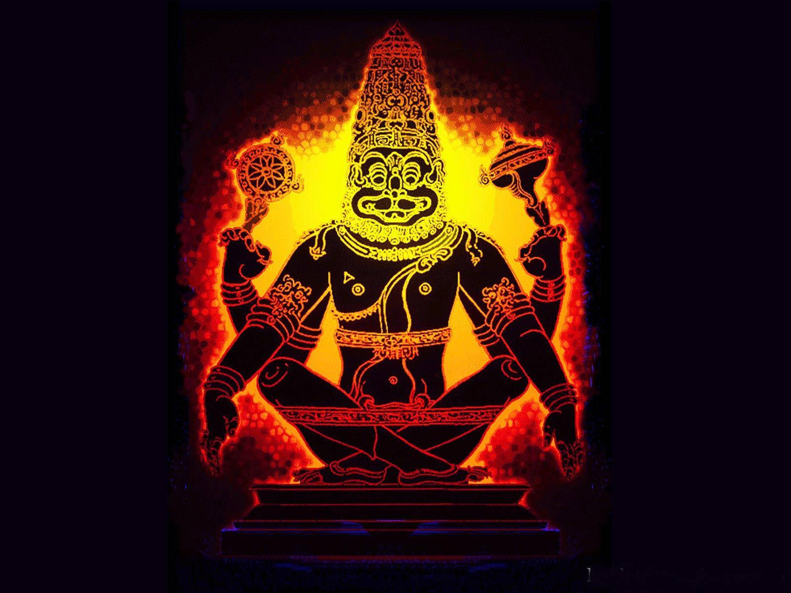 帶有複雜圖案、發光的印度教神祇在火焰般的光環中手持象徵物。 — 佛陀 GIF 壁紙