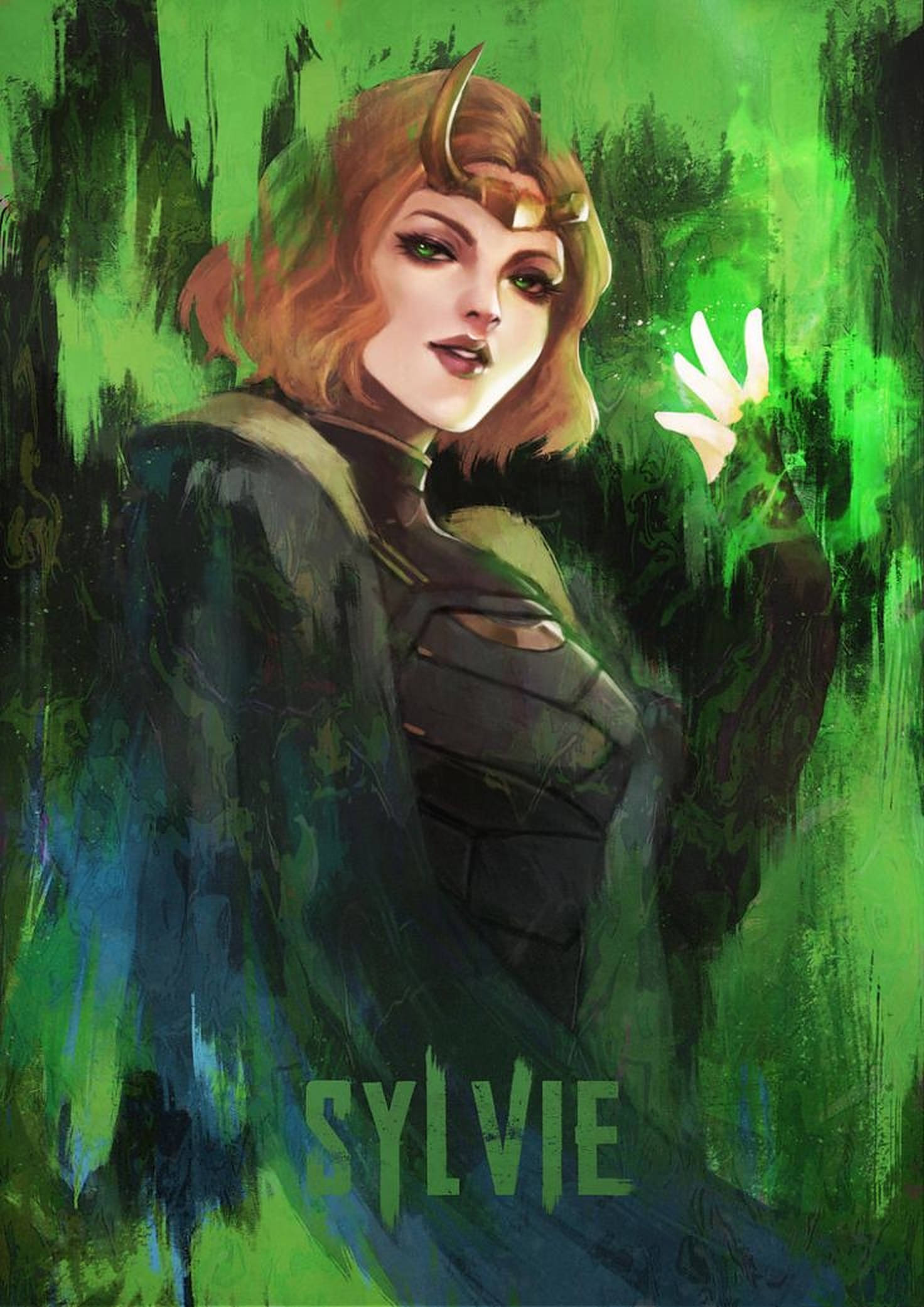 Sylvie 桌布 壁紙 — 一位帶有角和發光綠色眼睛的兇猛女戰士，在充滿活力的抽象綠色和藍色背景中引導魔法。