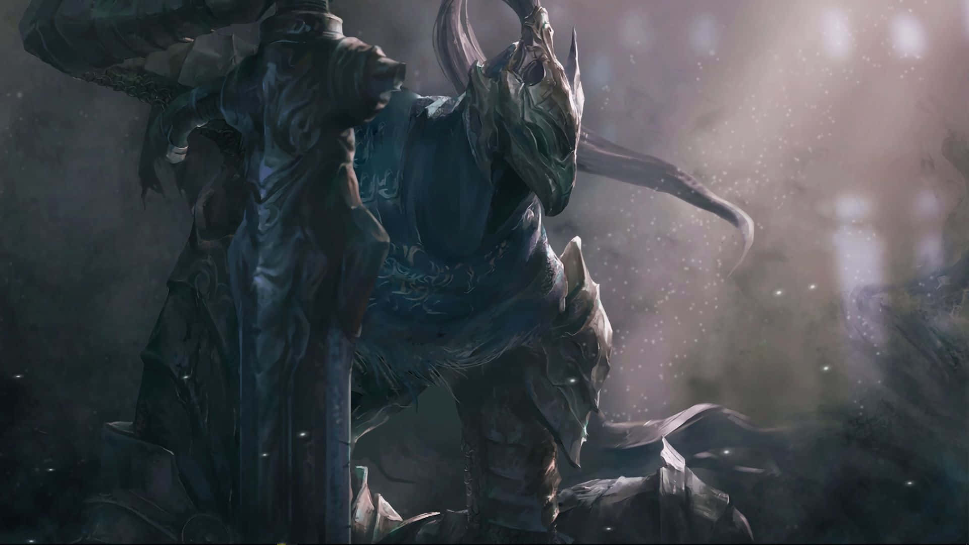 Artorias The Abysswalker 桌布 壁紙 — 一位帶有角和盔甲的黑暗奇幻戰士，站在霧氣瀰漫、空靈的戰場上，天空閃耀著光芒。