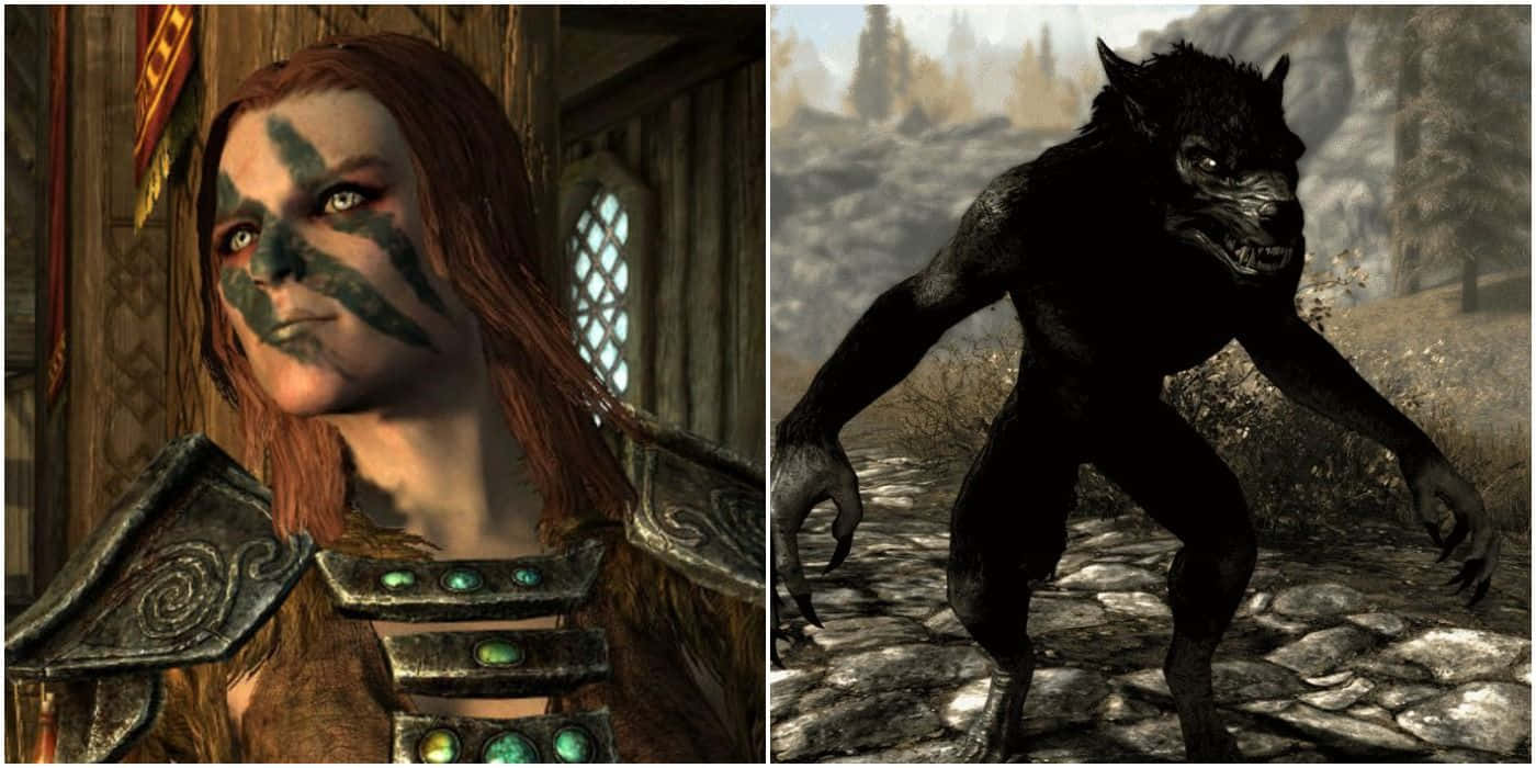 Aela The Huntress 桌布 壁紙 — 一位帶有部落臉部彩繪的戰士，站在一個質樸的石頭場景中，旁邊是一隻兇猛的黑狼人。