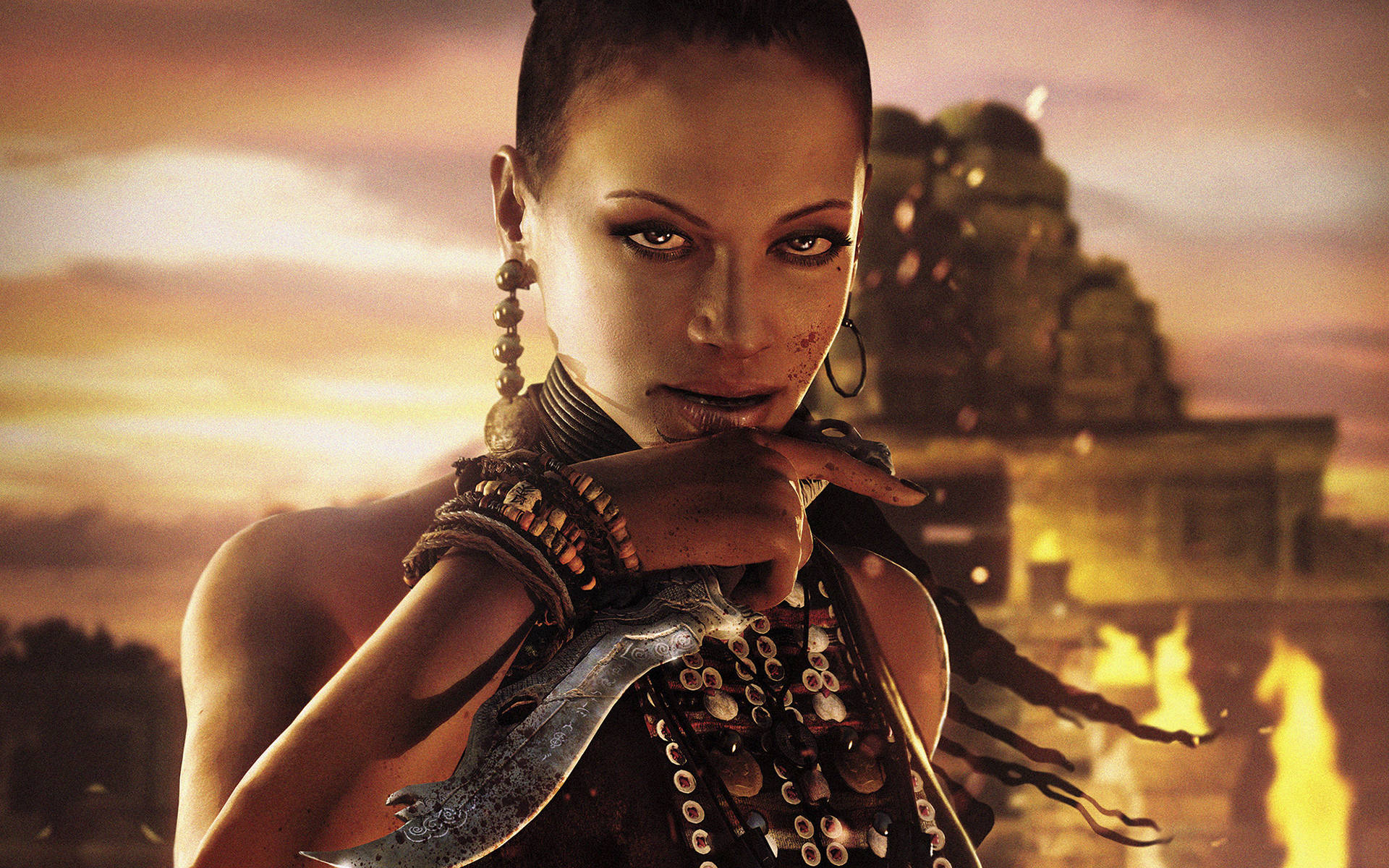 Far Cry 3 桌布 壁紙 — 一位帶有部落裝飾的兇猛女戰士，在熾熱的日落背景下，手持彎刀，背景是古代遺跡。
