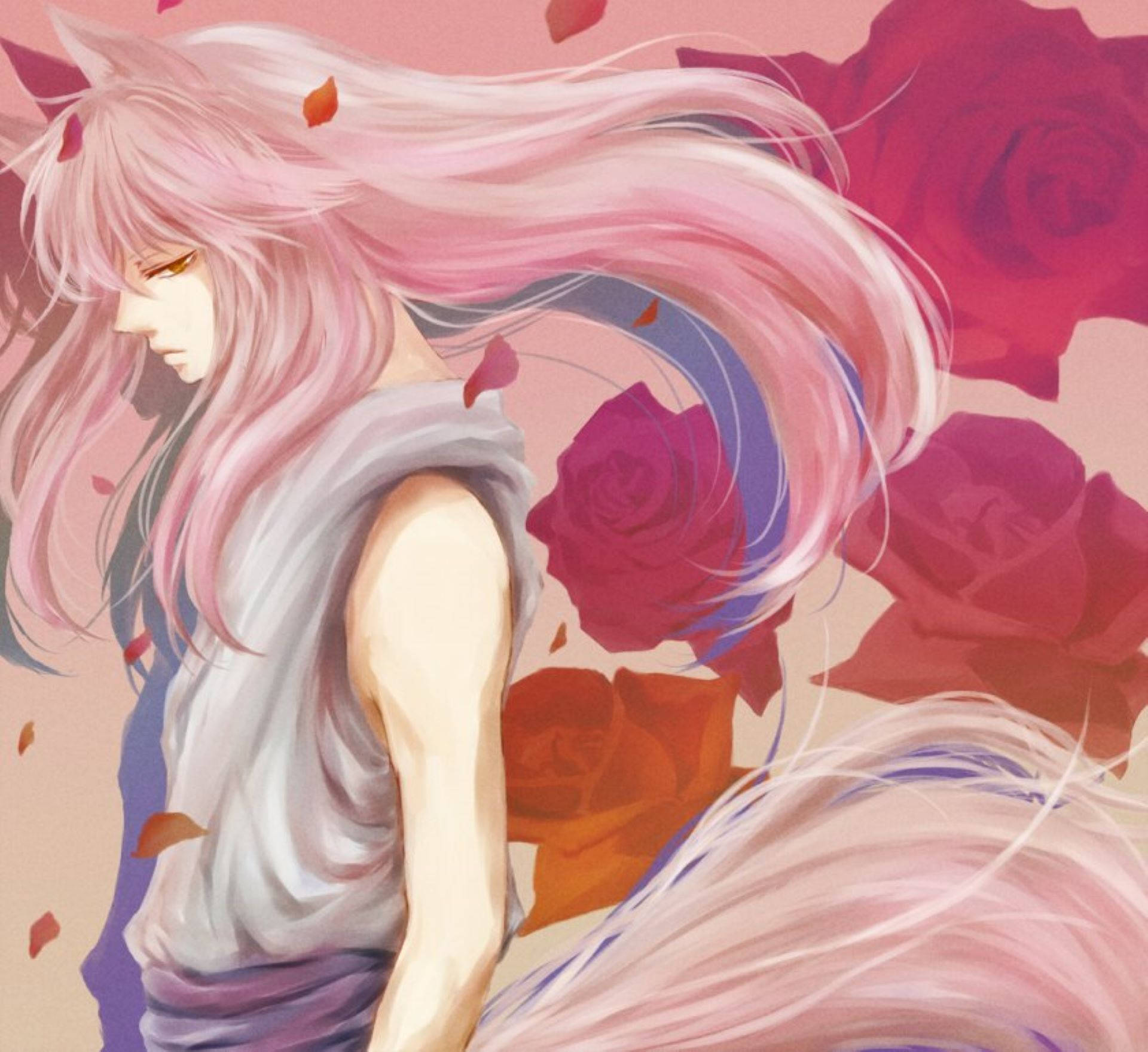 Kurama 桌布 壁紙 — 一位帶有飄逸粉紅色頭髮和狐狸耳朵的憂鬱動漫女孩，站在旋轉的紅玫瑰和飄落的花瓣中。