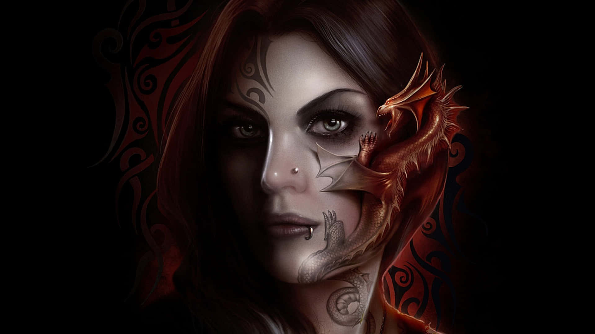 Halloween Tattoos 桌布 壁紙 — 一位帶有龍紋身和圖案的女人在黑暗旋轉的背景中凝視著。