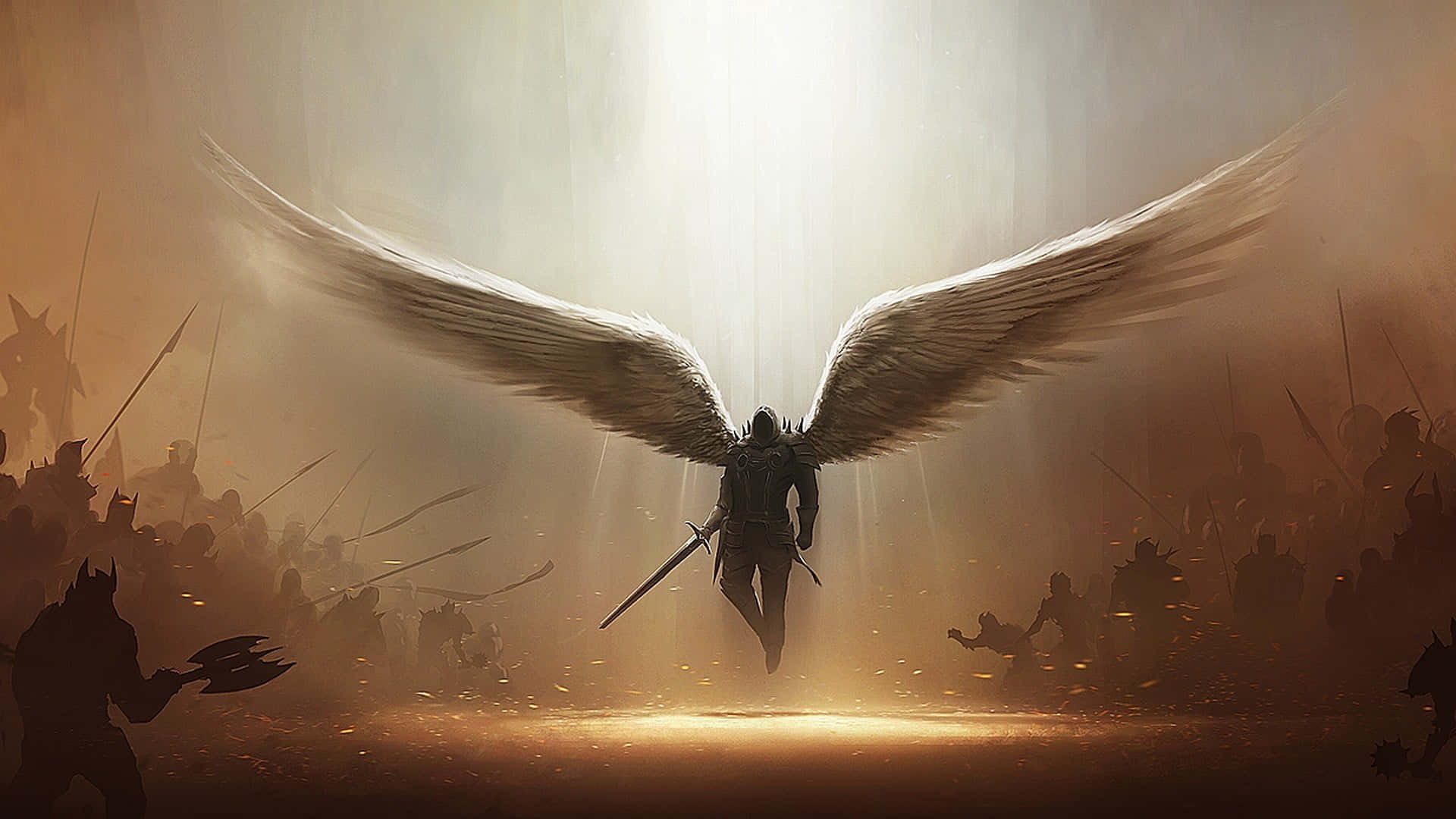 Wings 桌布 壁紙 — 一位帶翼戰士手持劍，背靠神聖光芒站立，陰影敵人在塵土飛揚的戰場上前進。