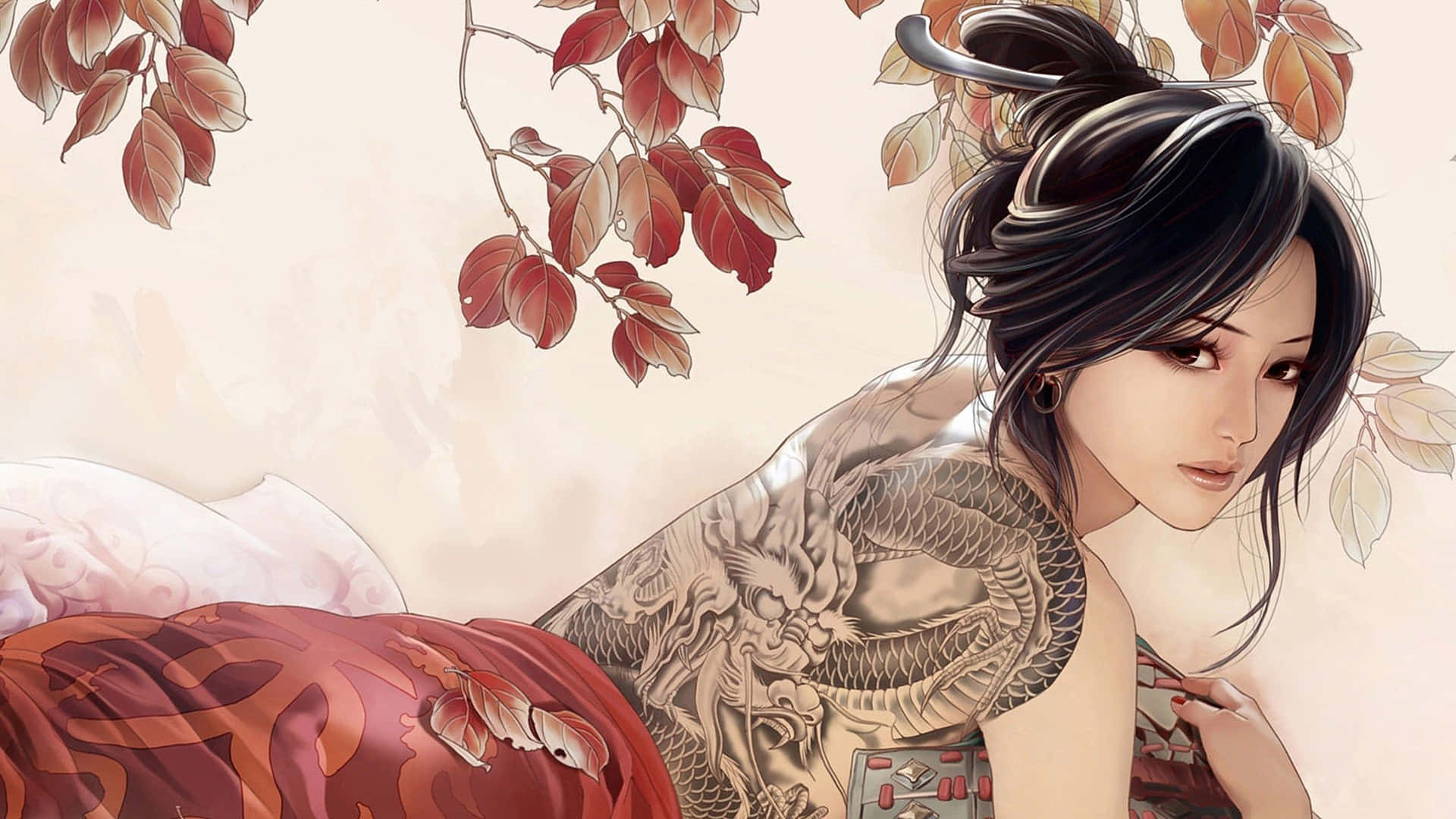 Female Samurai 桌布 壁紙 — 一位平靜的動漫女子，身上有龍紋身，在溫暖色調的秋葉下溫柔凝視。