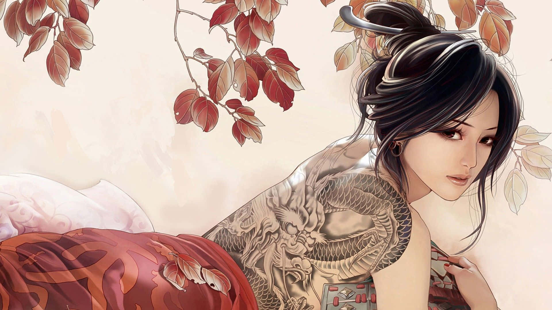 龍 桌布 壁紙 — 一位平靜的動漫女子，身上有龍紋身，在溫暖色調的秋葉下溫柔凝視。