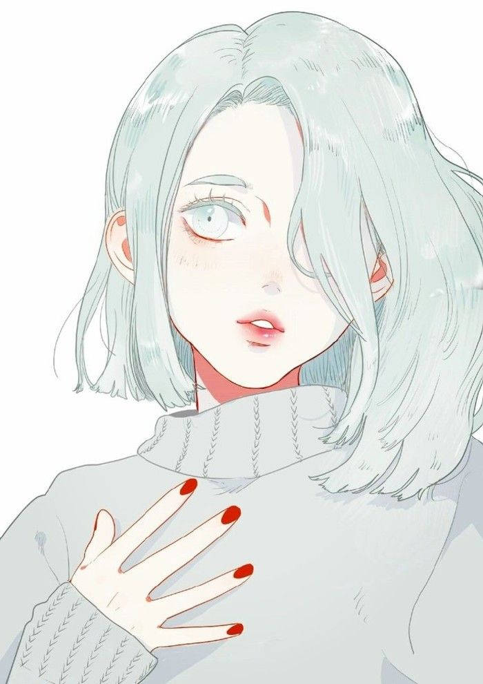 Aesthetic Drawings 桌布 壁紙 — 一位平靜的動漫女孩，擁有淡藍色頭髮和紅色指甲，穿著舒適的灰色毛衣，輕輕觸碰胸口。