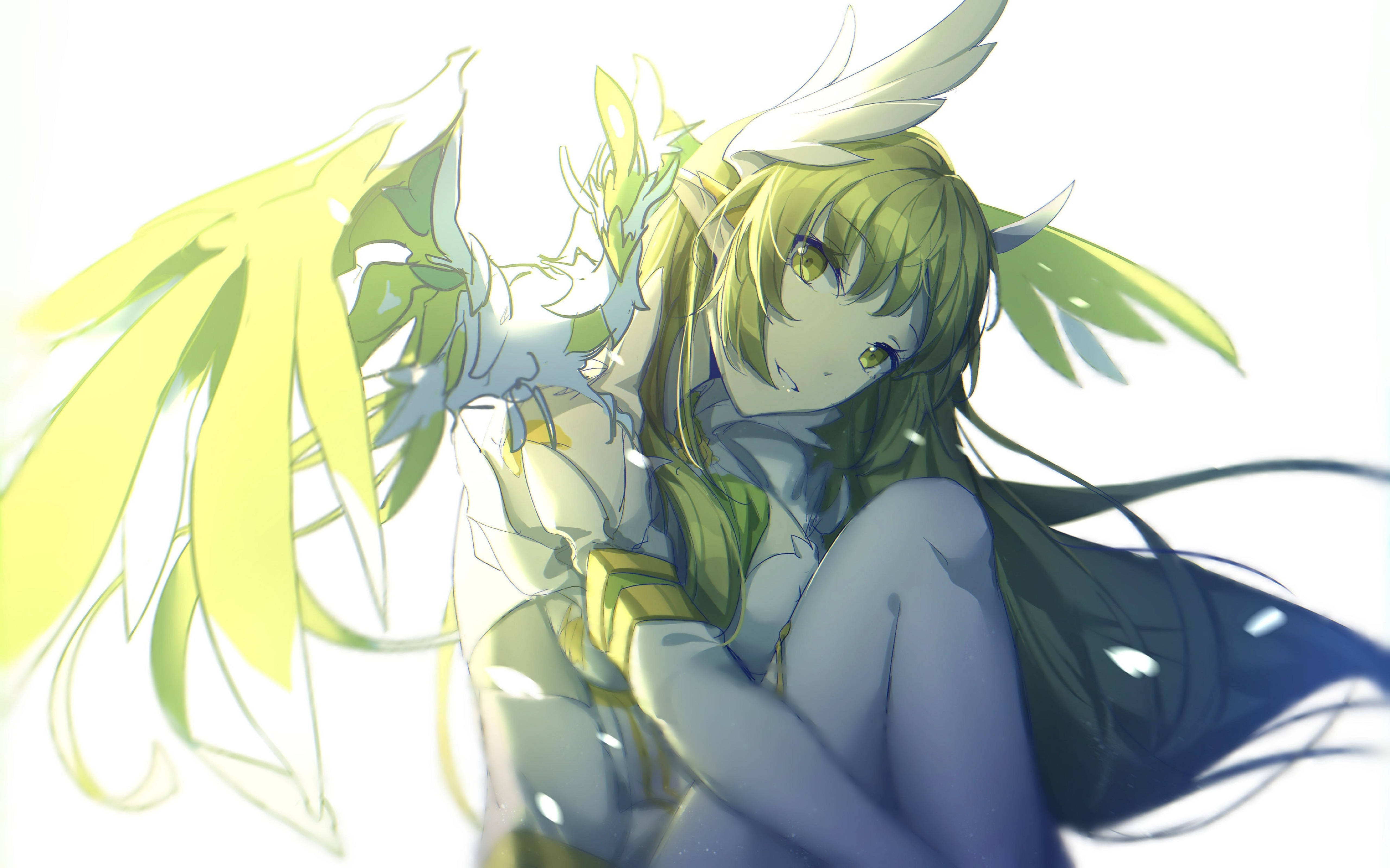 Elsword 桌布 壁紙 — 一位平靜的動漫女孩，擁有綠色頭髮和葉狀翅膀，坐在柔和的光線中，散發著溫柔的能量。