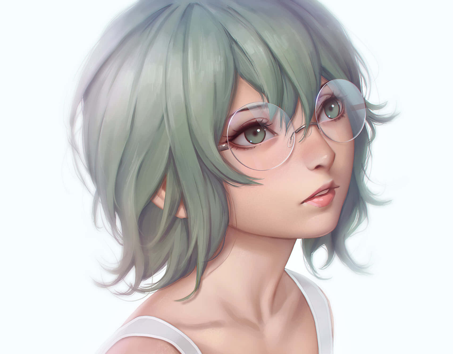 Eto Yoshimura 桌布 壁紙 — 一位平靜的動漫女孩，擁有薄荷綠的頭髮和圓形眼鏡，在純白背景下溫柔地凝視。