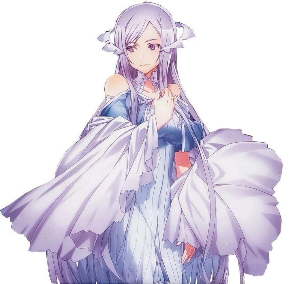 Sword Art Online Quinella 桌布 壁紙 — 一位平靜的動漫女孩，擁有薰衣草色的頭髮和飄逸的藍白長袍，優雅地站在純白色背景前。