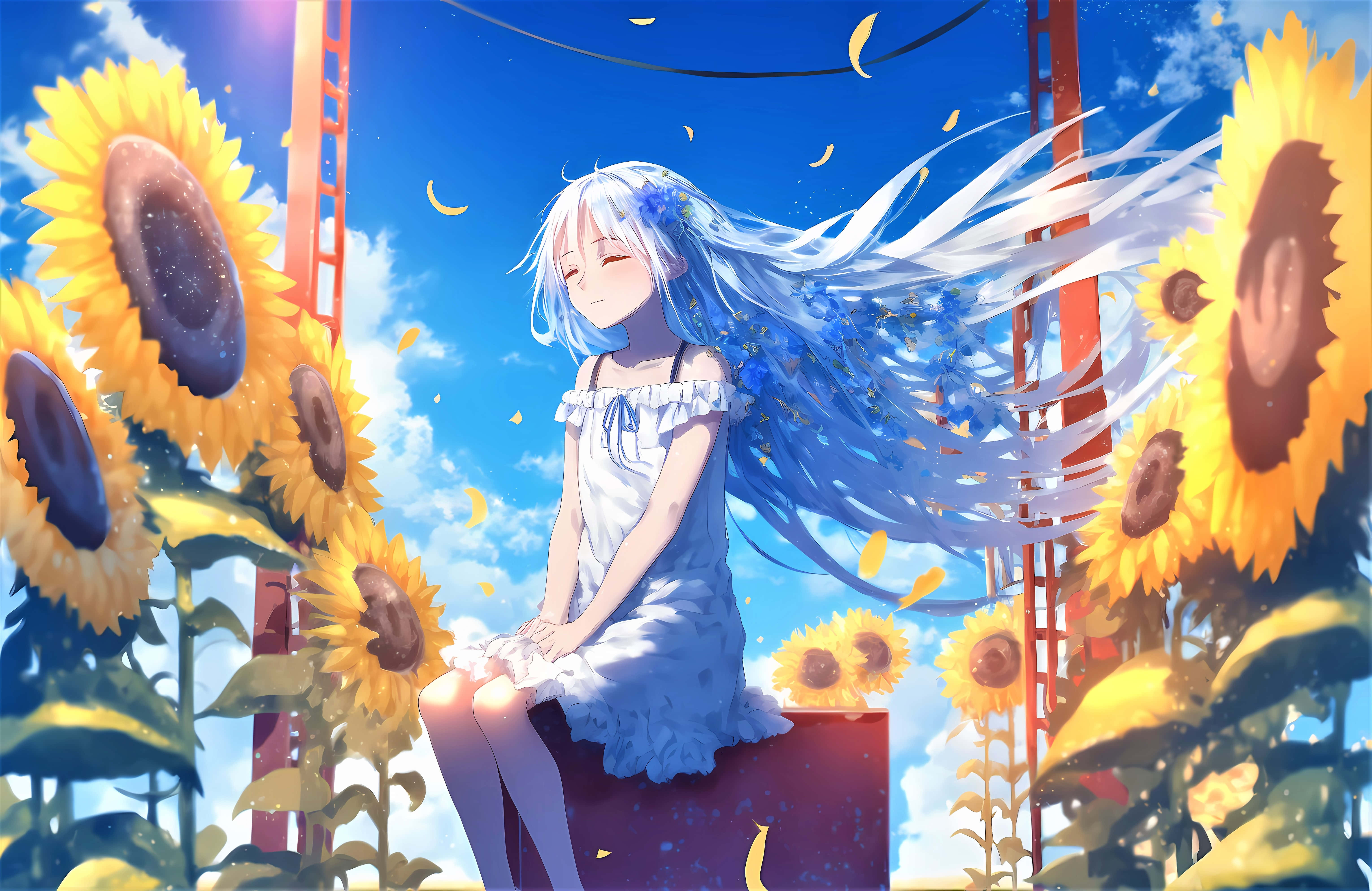 Sunflowers 桌布 壁紙 — 一位平靜的動漫女孩，擁有飄逸的藍色長髮，坐在巨大的向日葵中，在明亮的藍天下，金色的花瓣飄落。