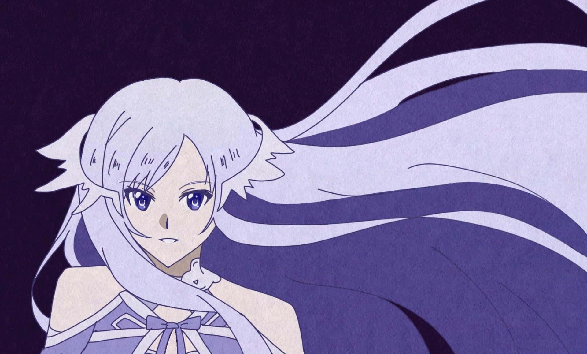 Sword Art Online Quinella 桌布 壁紙 — 一位平靜的動漫女孩，擁有飄逸的銀色頭髮和藍色眼睛，在深紫色背景前向前凝視。