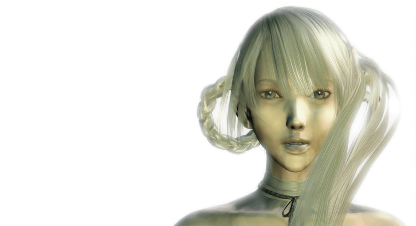 Nier 桌布 壁紙 — 一位平靜的動漫女孩，淡銀色頭髮編成辮子馬尾，柔和地凝視著純白背景。