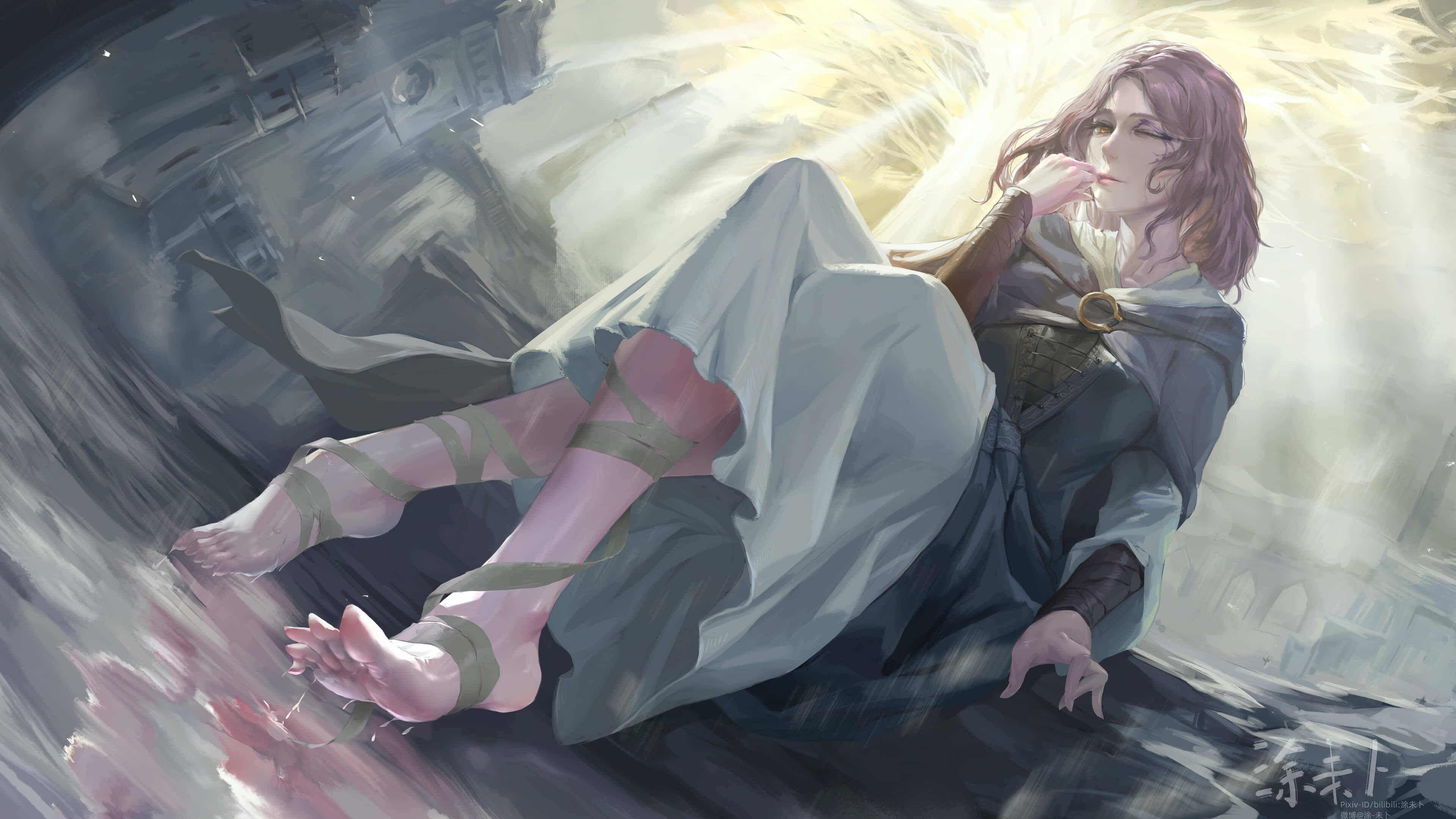 Rpg 桌布 壁紙 — 一位平靜的動漫女孩，粉紅色頭髮，在夢幻般的天空中漂浮於旋轉的明亮和黑暗雲層之間。