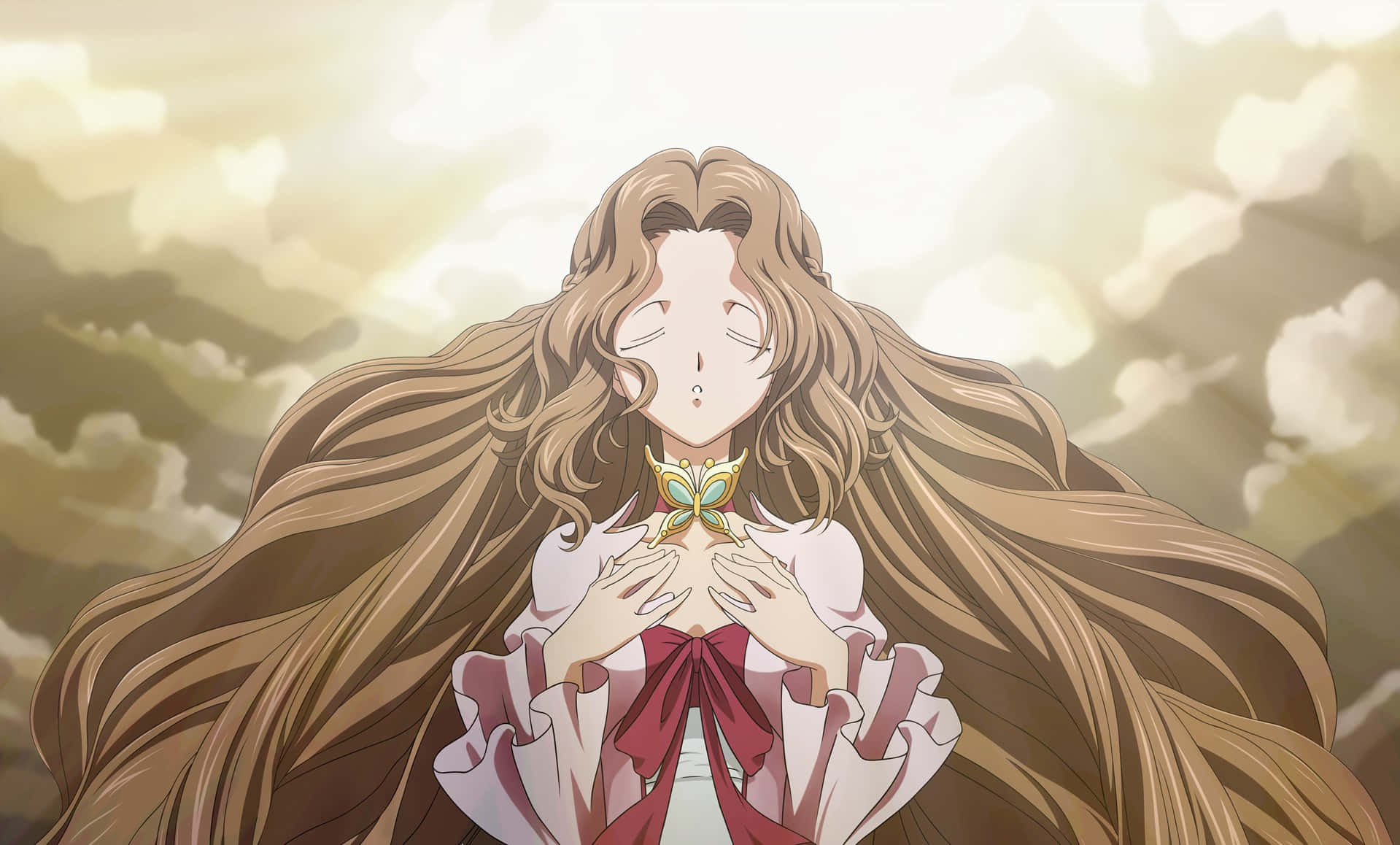 Nunnally Lamperouge 桌布 壁紙 — 一位平靜的動漫女孩，金色長髮飄逸，閉著眼睛，在柔和的雲天中握著蝴蝶吊墜。