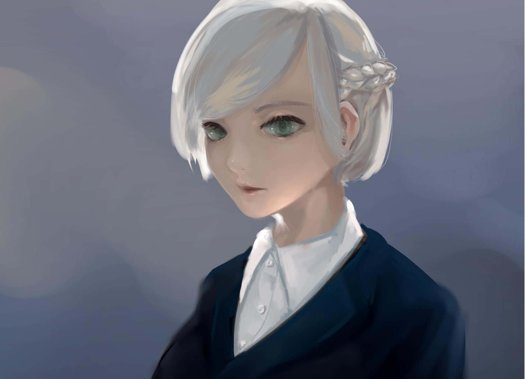 Kureo Mado 桌布 壁紙 — 一位平靜的動漫女孩，銀色鮑伯頭和綠色眼睛，穿著深色西裝外套內搭白襯衫，背景是柔和的紫色。