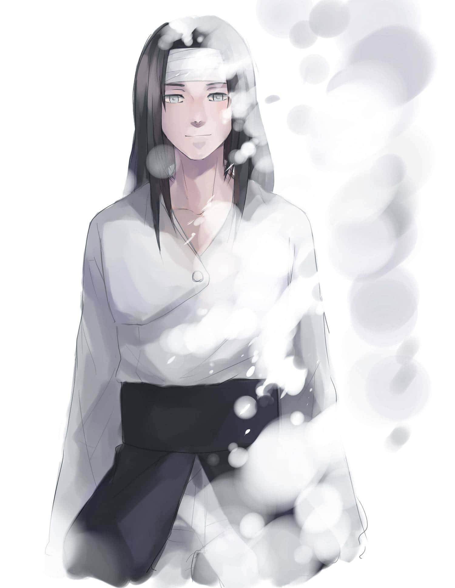 Neji Hyuga 桌布 壁紙 — 一位平靜的動漫女孩，長著深色長髮，戴著白色頭帶，在單色設定中靜靜站立，柔和的發光球體在她周圍旋轉。
