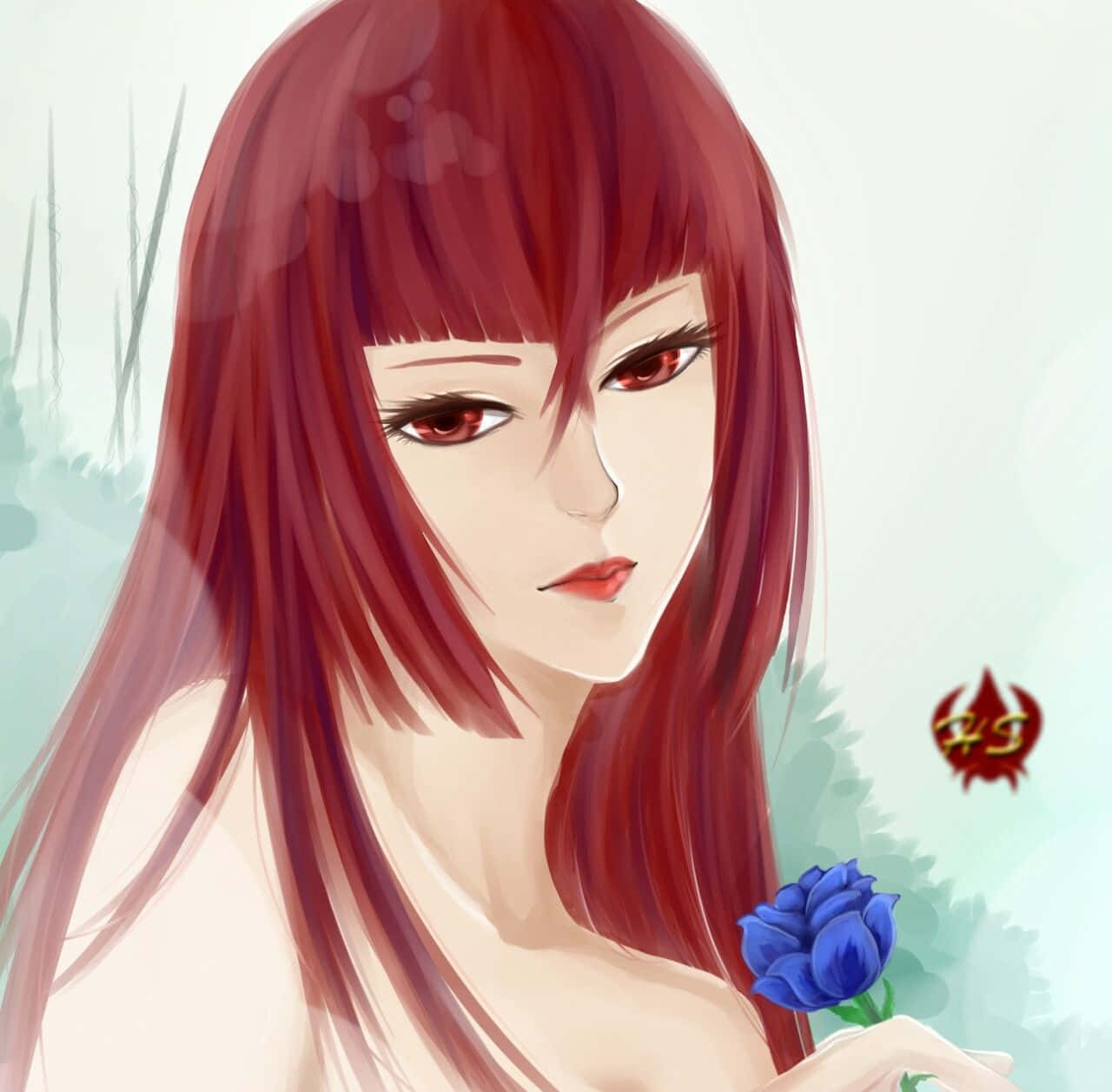 Madam Red 桌布 壁紙 — 一位平靜的動漫女孩，長著紅色長髮，在柔和的模糊綠色背景中手持一朵藍色玫瑰。