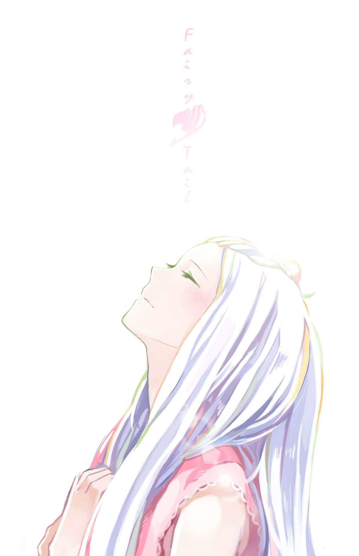 Mirajane Strauss 桌布 壁紙 — 一位平靜的動漫女孩，長著銀色長髮，身穿粉紅色上衣，在純白色背景和柔和粉彩點綴下向上凝視。