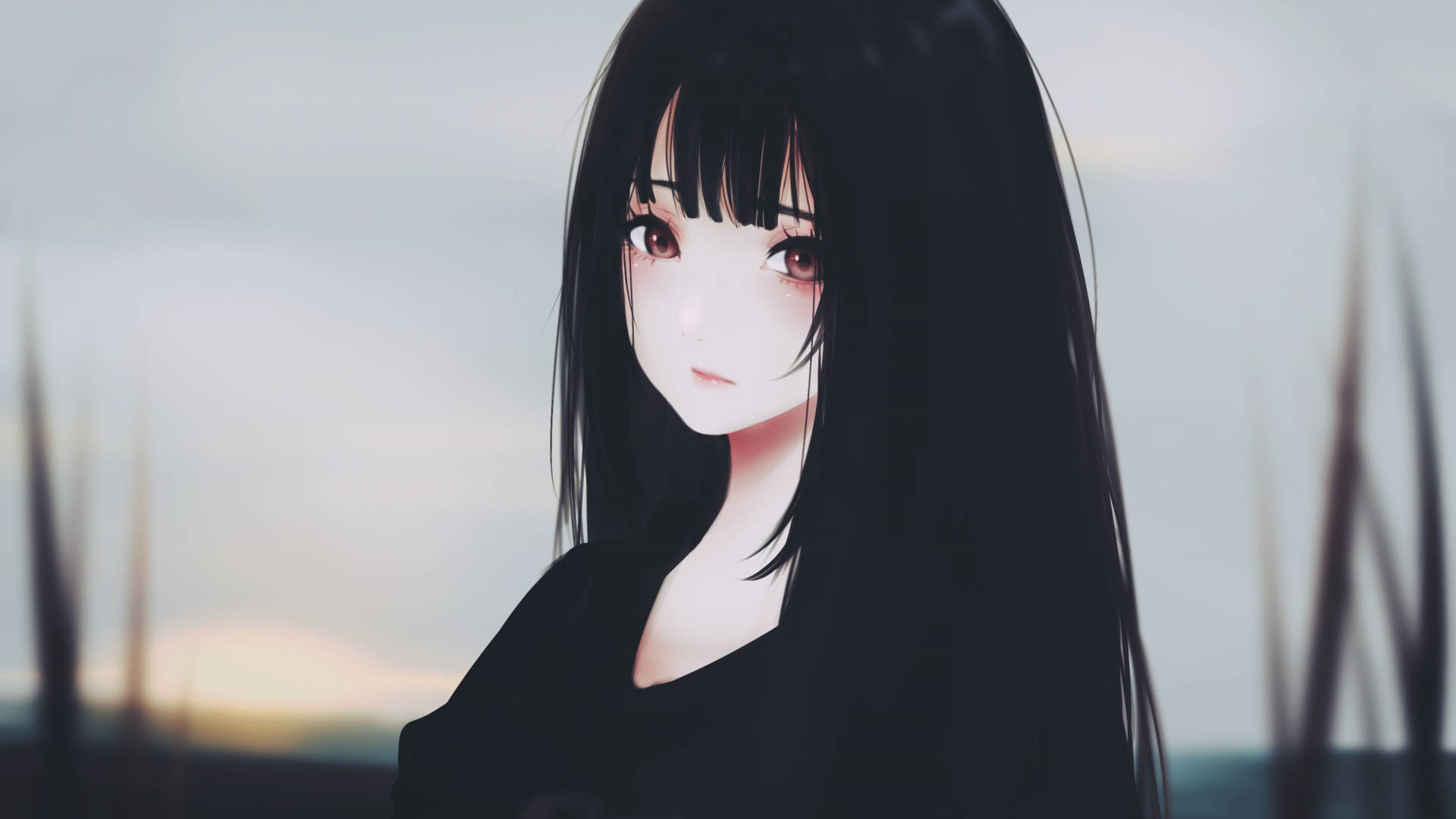 Sad Girl 桌布 壁紙 — 一位平靜的動漫女孩，長著黑色長髮和紅色眼睛，溫柔地凝視著暮色天空，背景有模糊的草剪影。