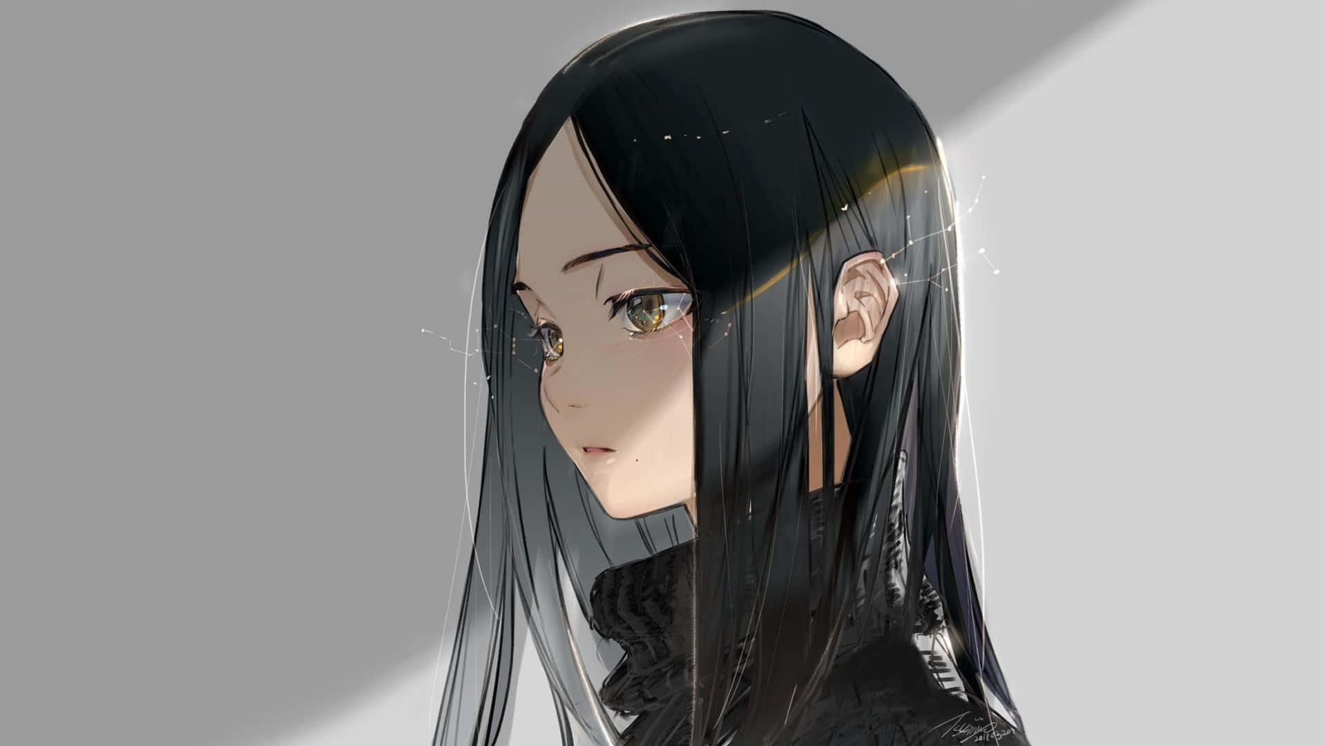 Anime Girl Black Hair 桌布 壁紙 — 一位平靜的動漫女孩，長著黑色長髮和金色眼睛，在簡約的灰色背景下溫柔地凝視著。
