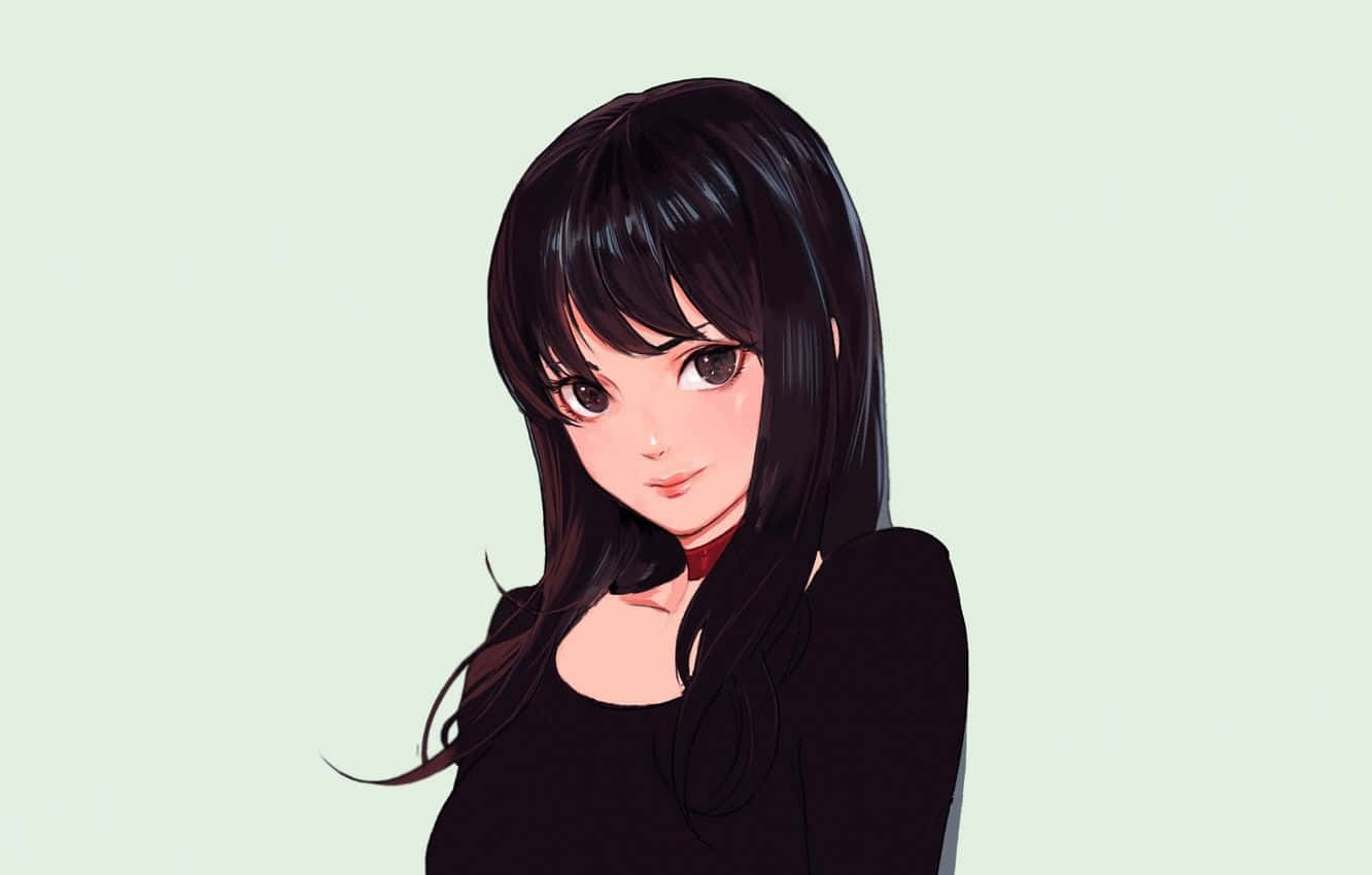 Anime Girl Black Hair 桌布 壁紙 — 一位平靜的動漫女孩，長長的黑髮和溫柔的眼神，站在淡薄荷色背景前。