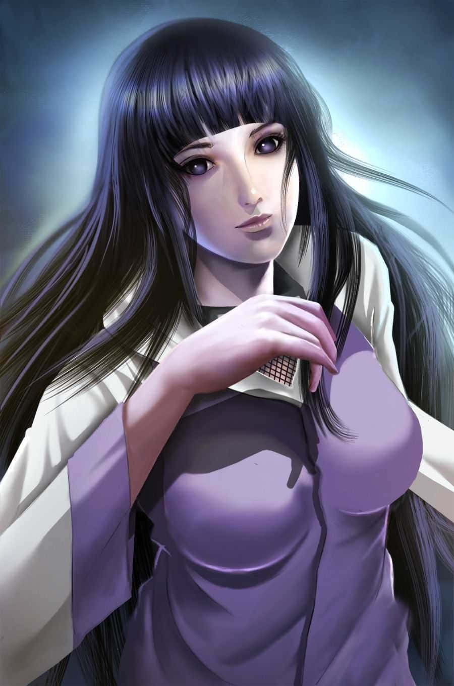 桌布 壁紙 — 一位平靜的動漫女孩，長長的黑髮和紫色眼睛，溫柔地凝視著，同時將一個小物體靠近胸前。
