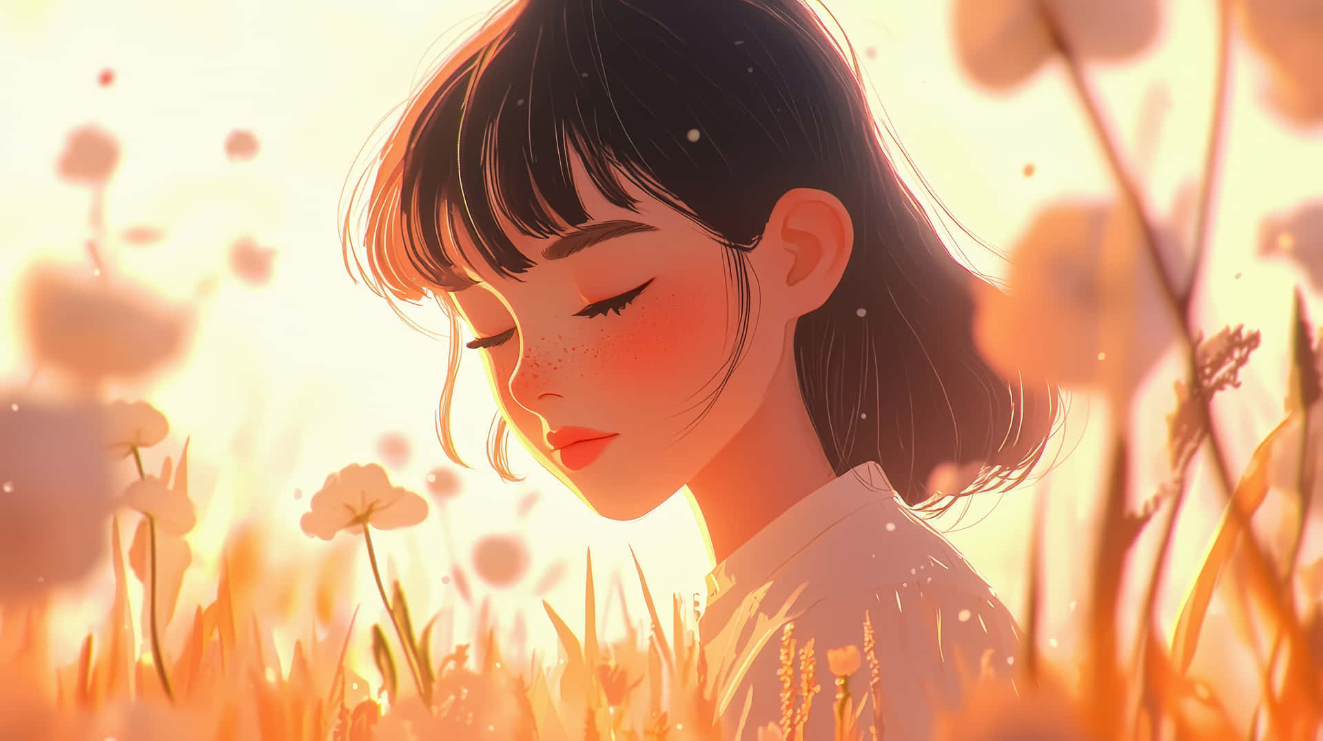 Anime-Style Girl with Freckles in a Sunlit Meadow of Flowers 壁紙 — 一位平靜的動漫女孩閉上眼睛，臉頰紅潤，靜靜地坐在陽光明媚的高草和柔軟花朵的田野中。